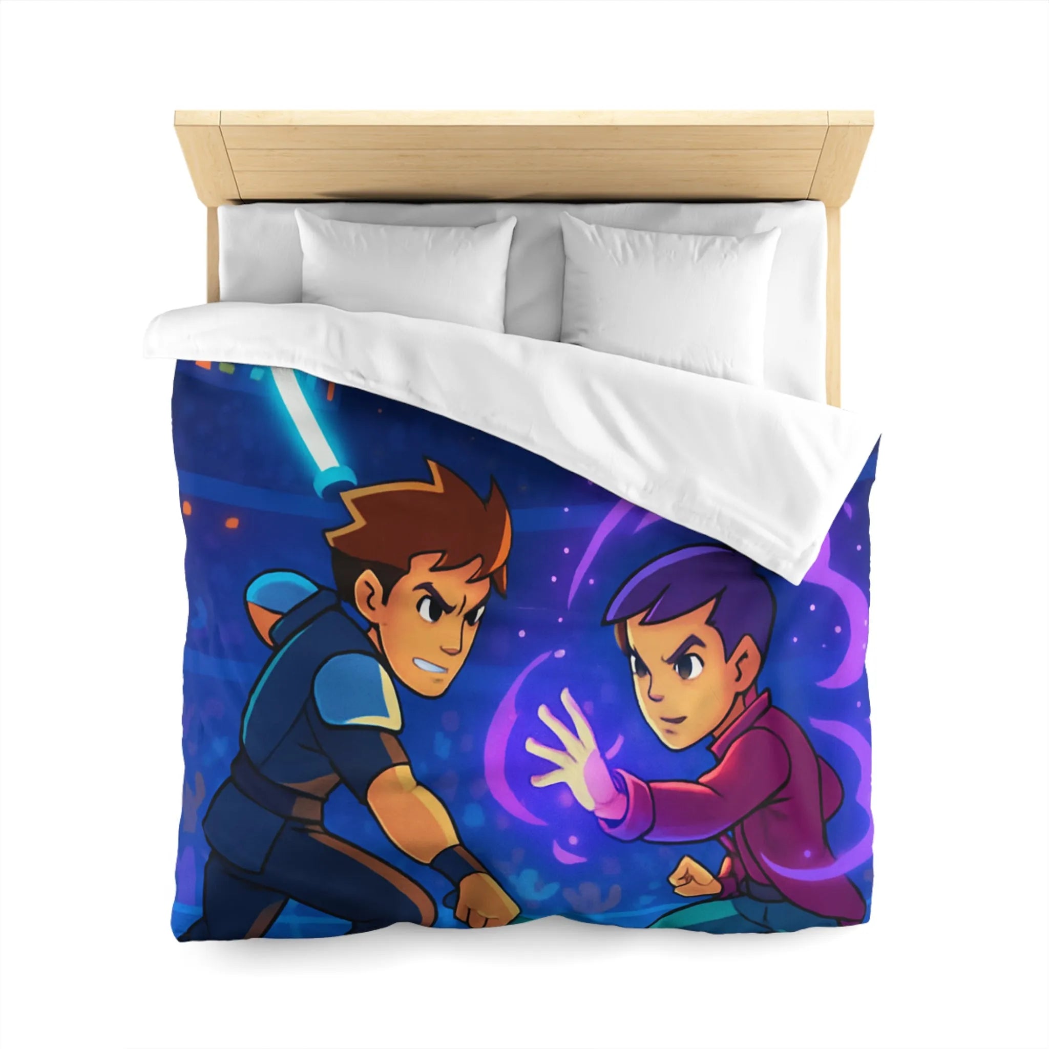 Housse de Couette Enfant Design Combat Futuriste avec Épées Laser et Pouvoirs Magiques