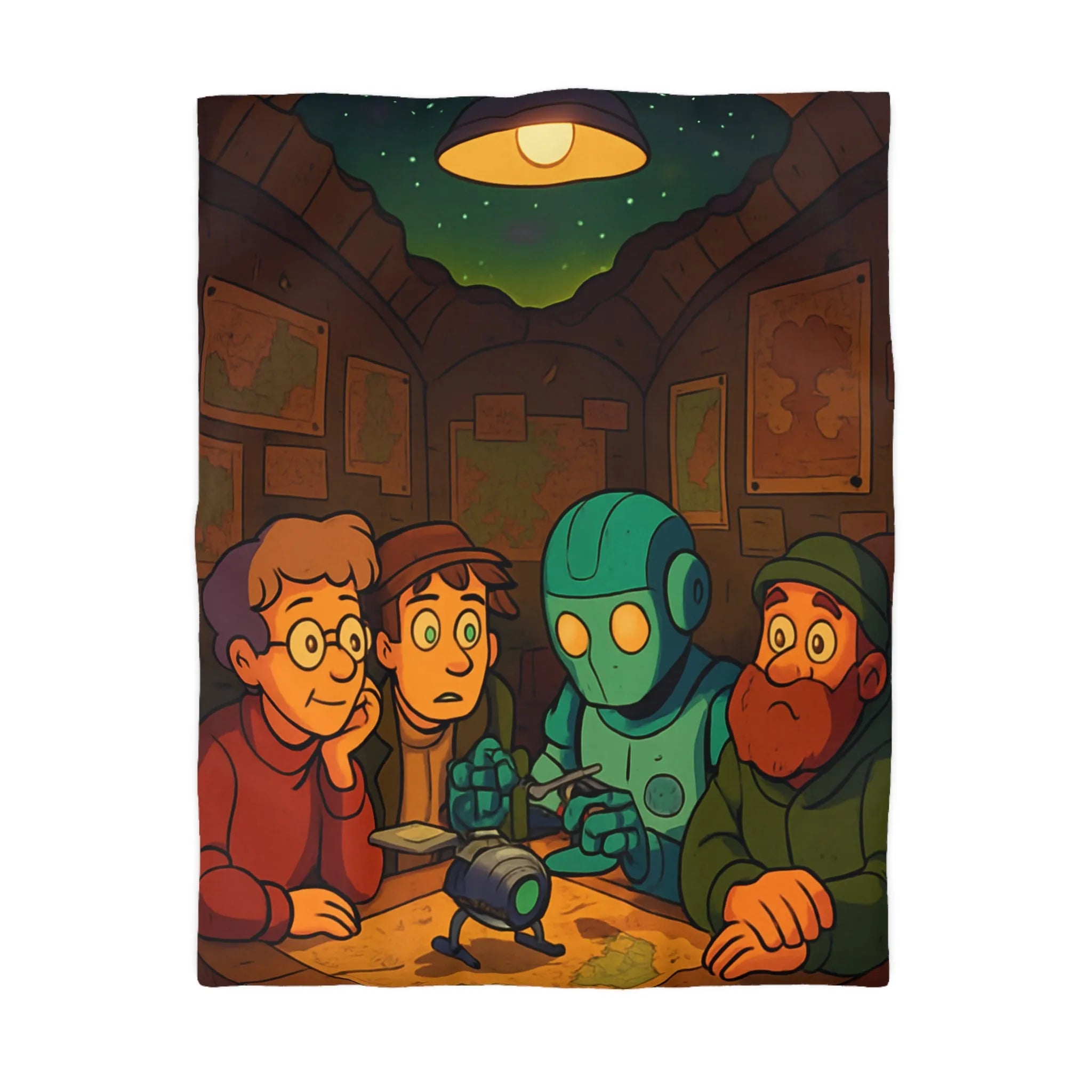 Housse de couette avec scène animée de nuit, stratégie autour de cartes et robot