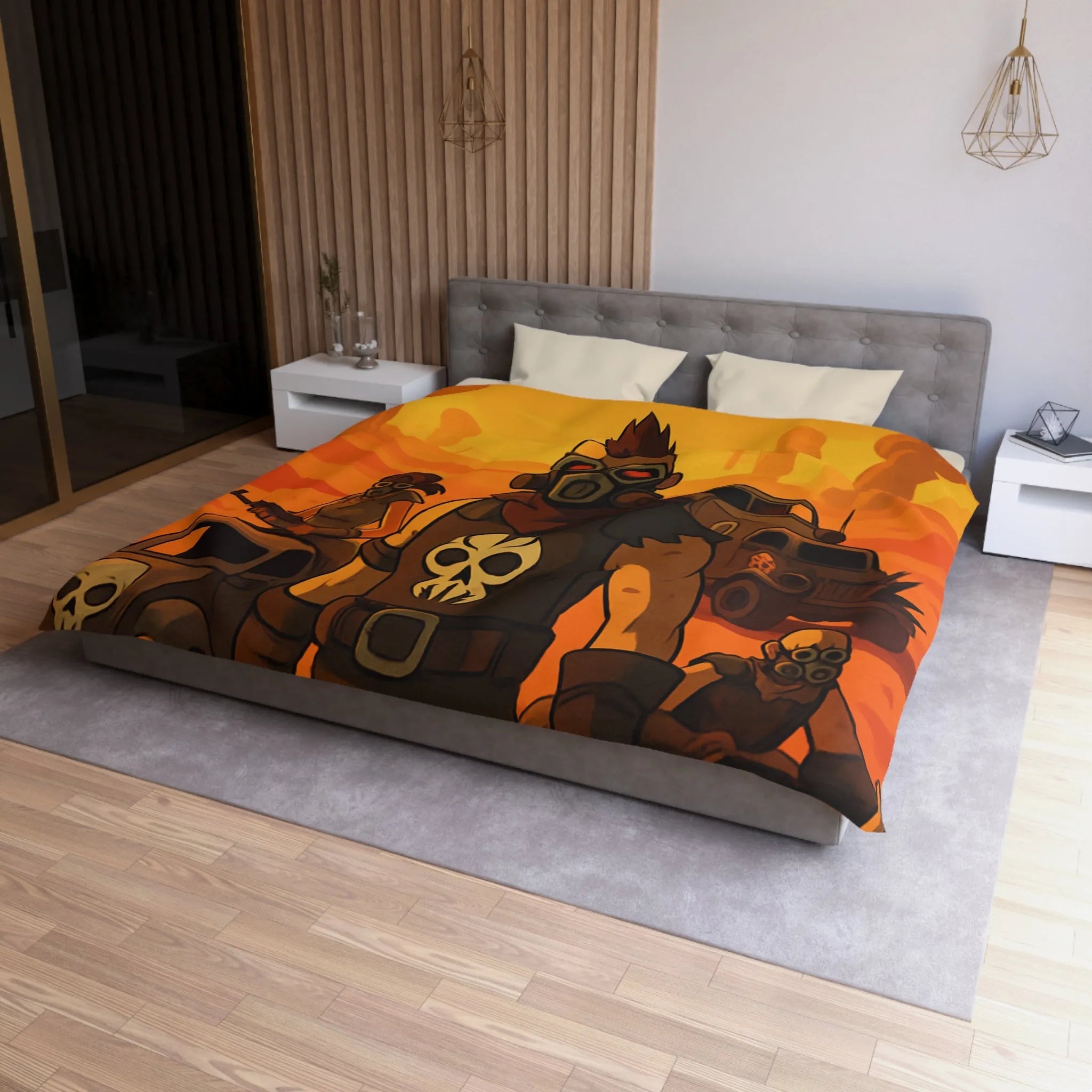 Housse de couette design post-apocalyptique avec guerriers masqués dans désert ensoleillé