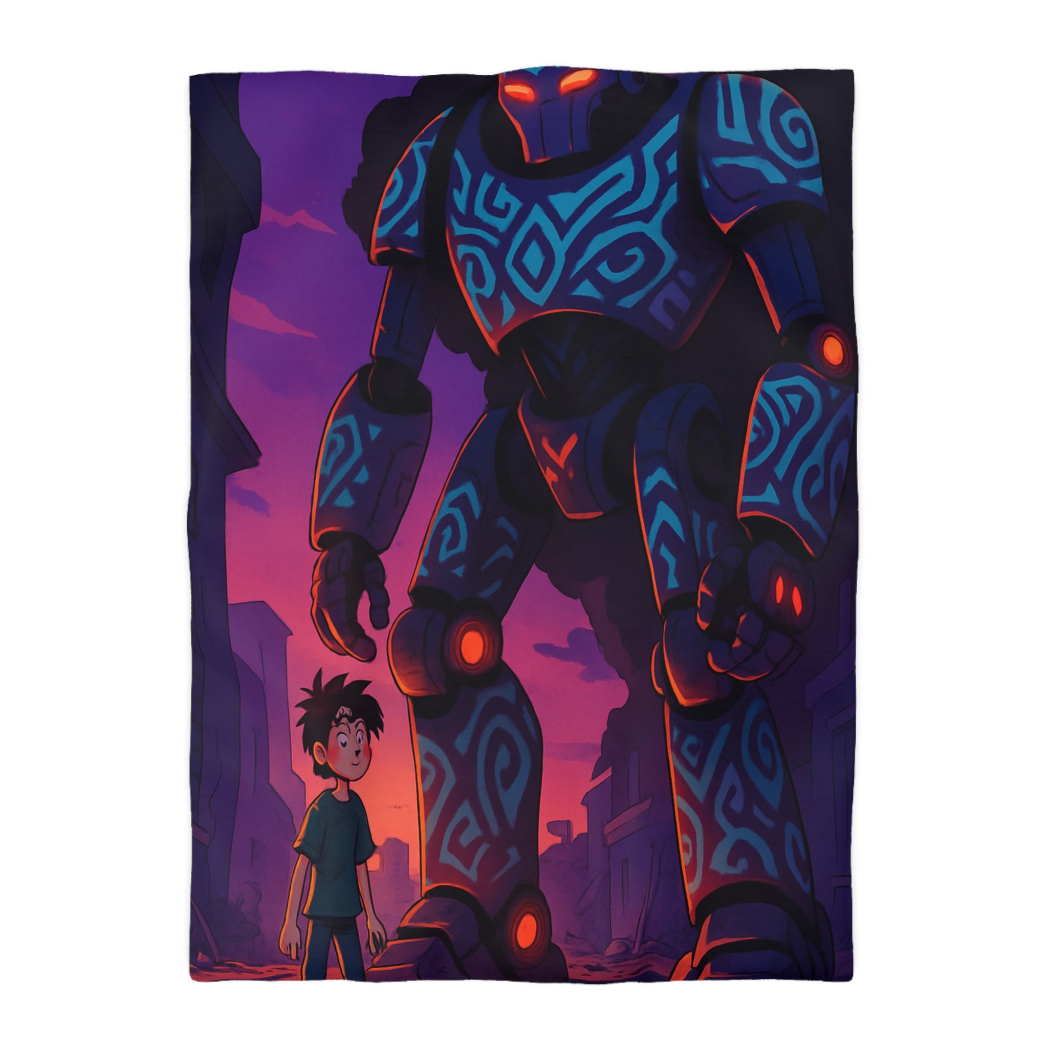 Housse de couette robot géant bleu lumineux, décor urbain vibrant et enfant émerveillé