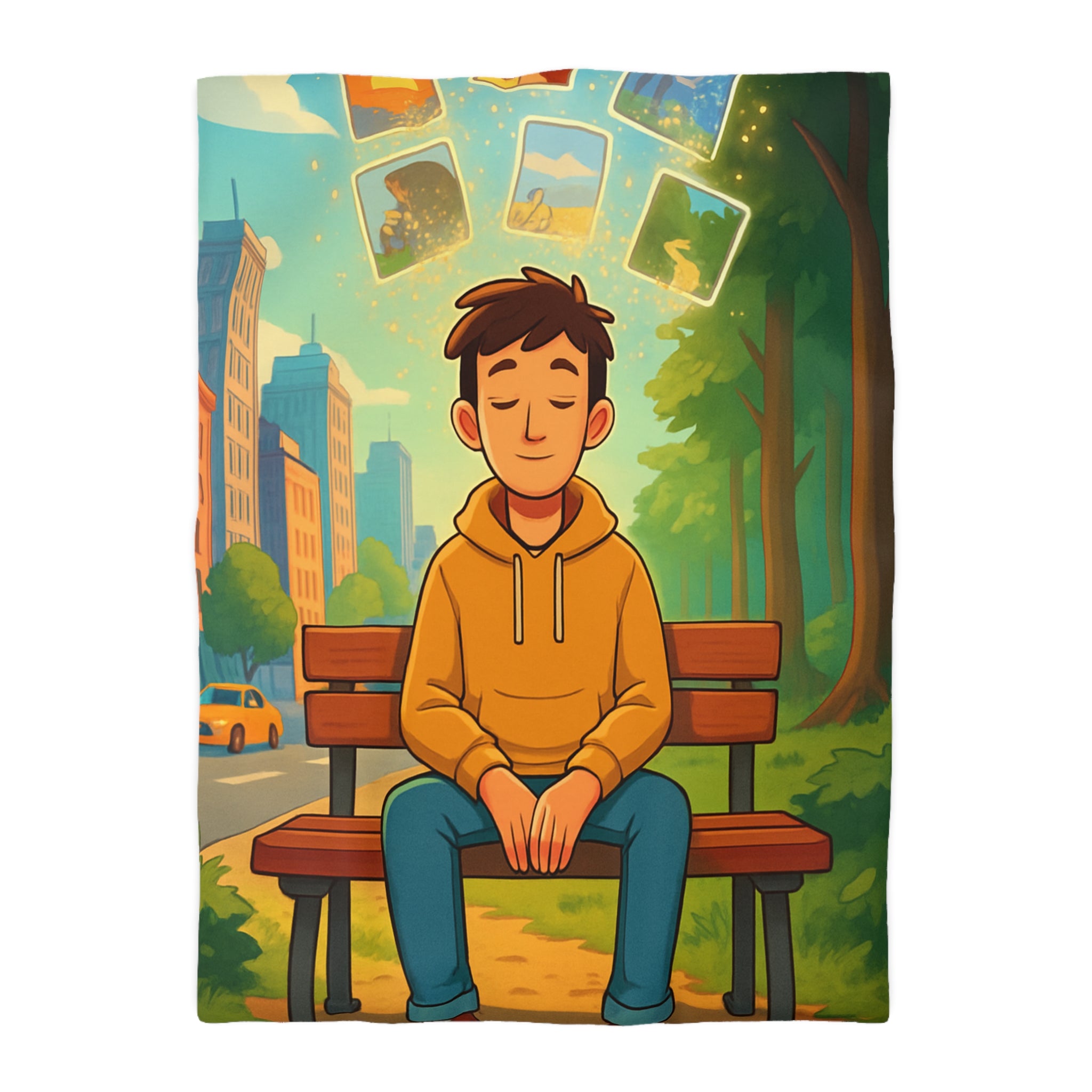 Housse de couette rêveuse garçon banco bois cartes illuminées parc illustré nature