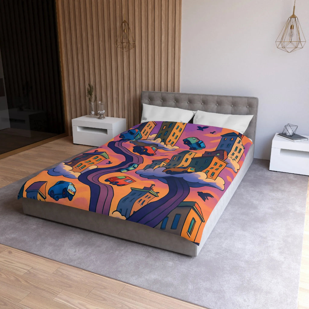 Housse de couette artistique avec voitures volantes et gratte-ciels à l'aube colorée