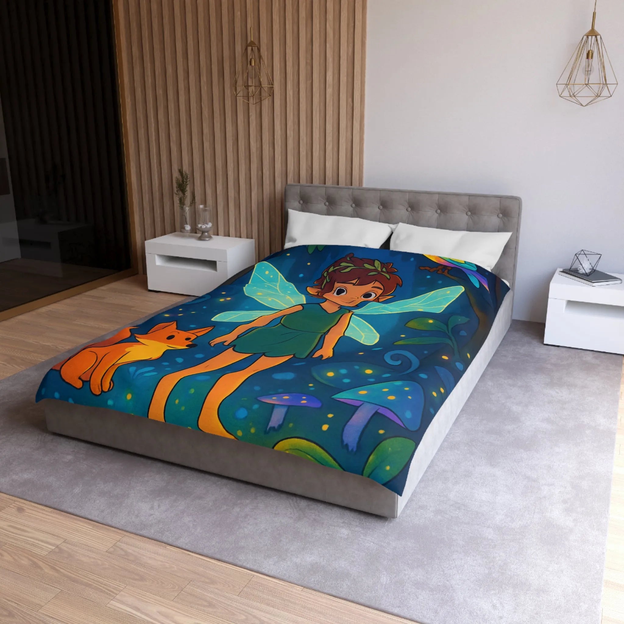 Housse de Couette Féerique avec Fée Ailée et Renard dans Forêt Enchantée Multicolore