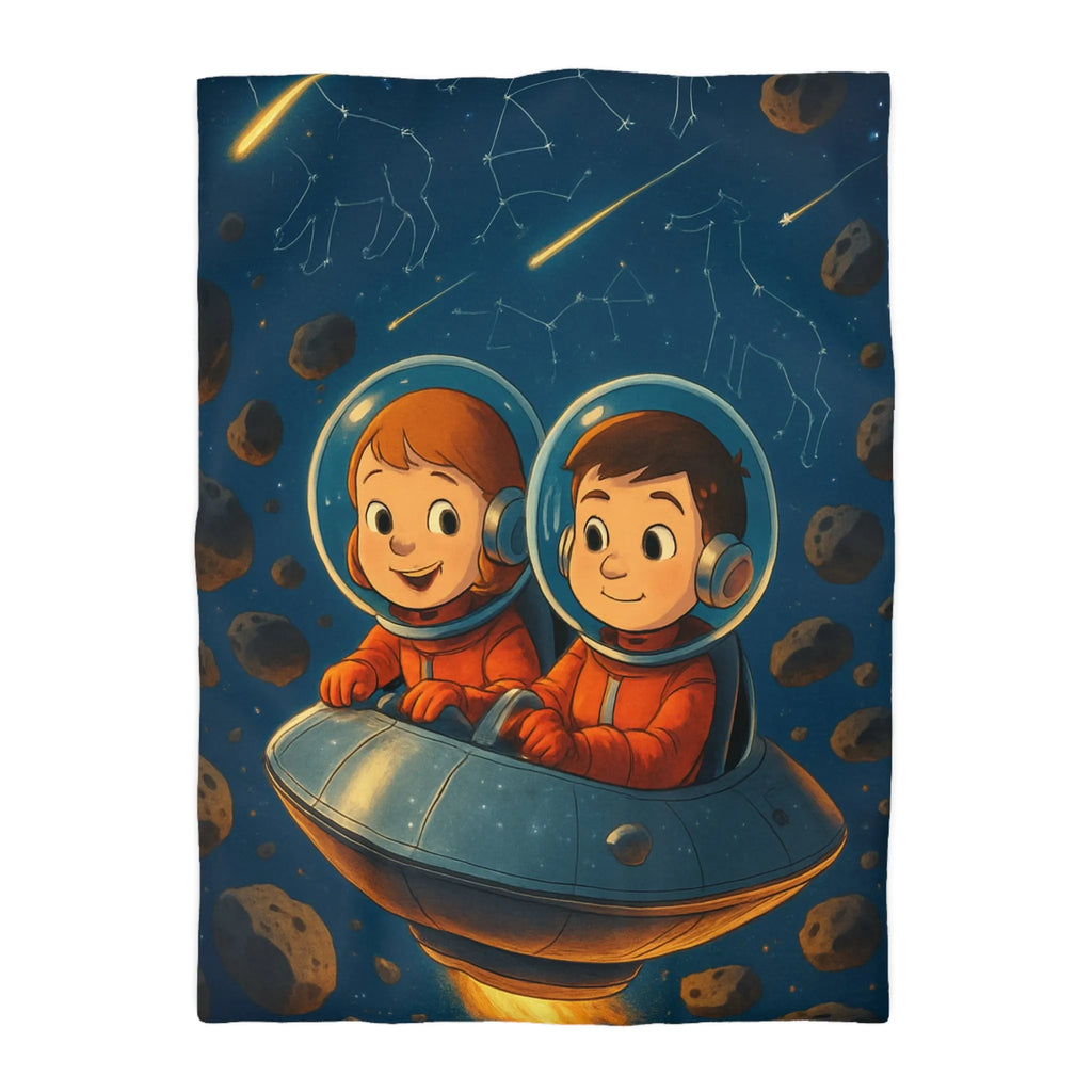 Housse de couette enfantine aventure spatiale avec constellations et comètes colorées