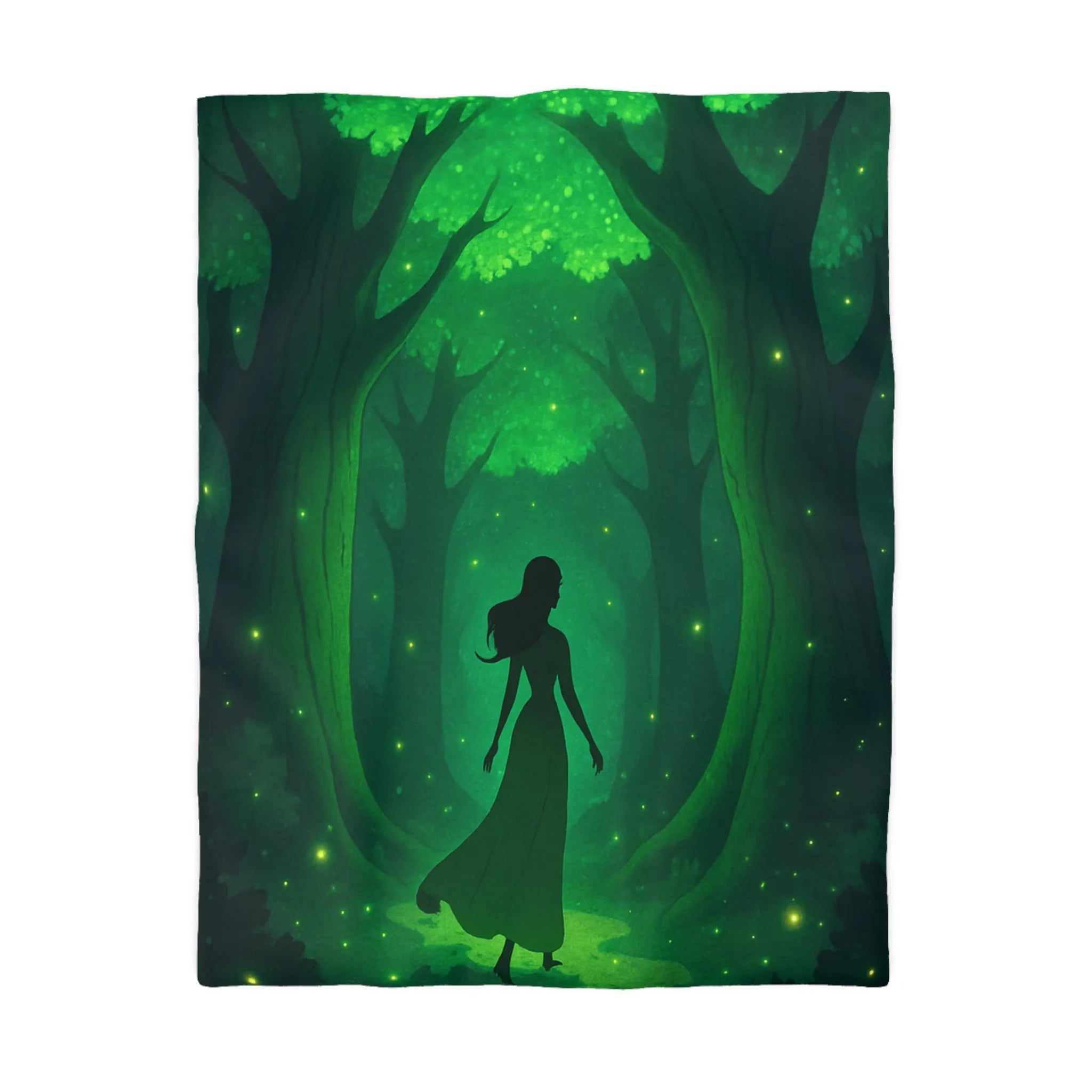 Housse de couette forêt enchantée avec silhouette élégante et lumières scintillantes vertes