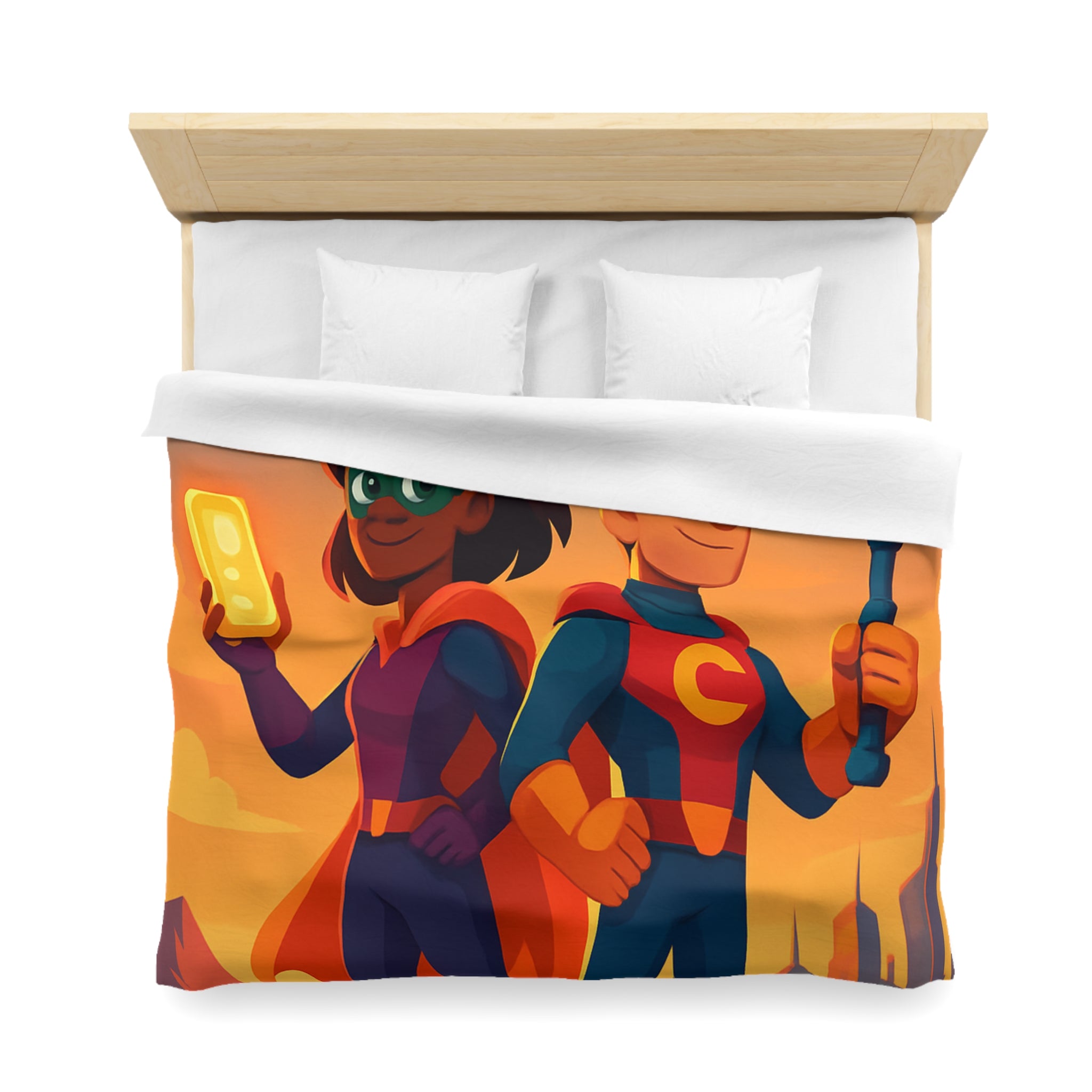 Super-héros Enfantins avec Drones dans Paysage Urbain Coloré Crépusculaire Illustré