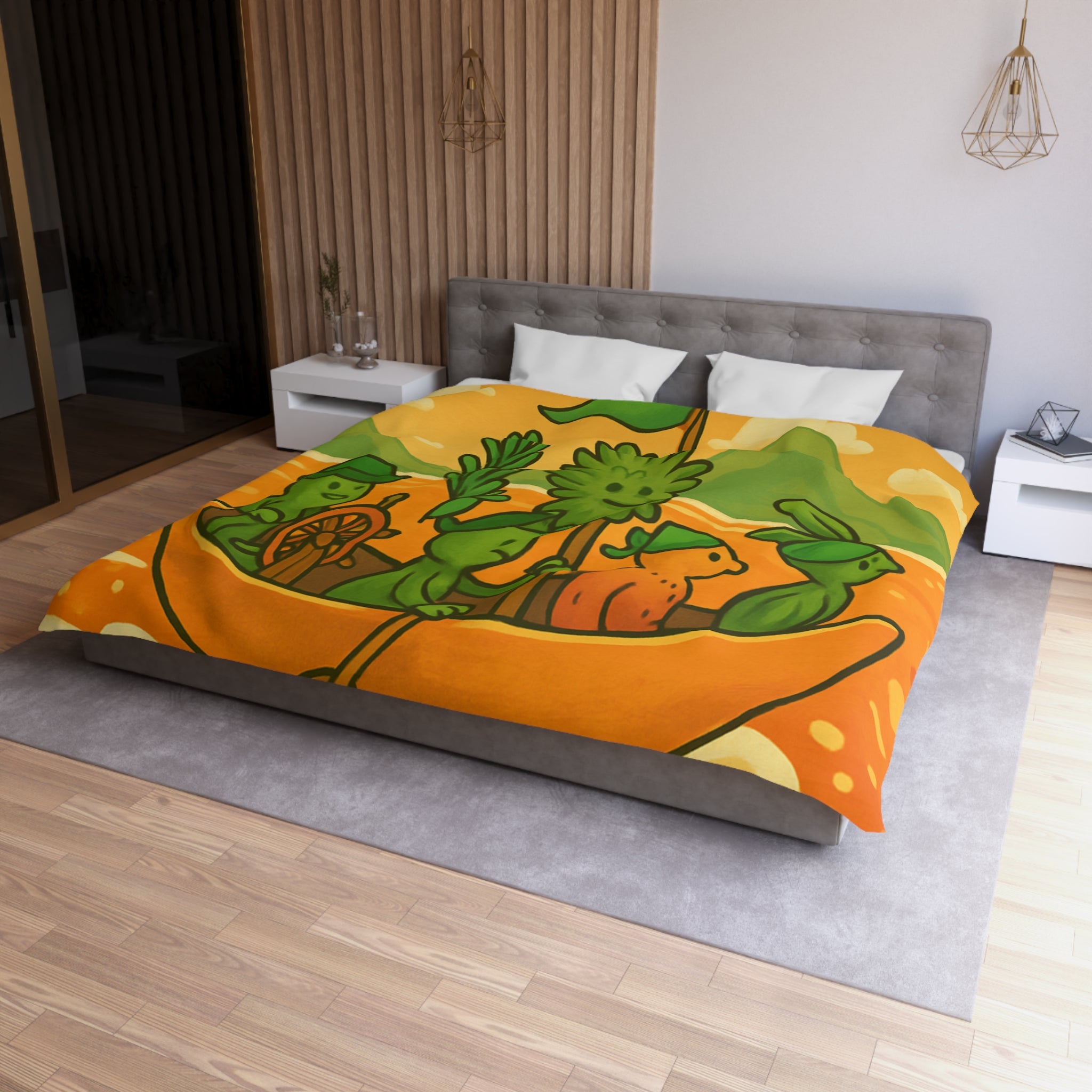 Housse de couette originale avec personnages verts naviguant sur mer orangée ludique