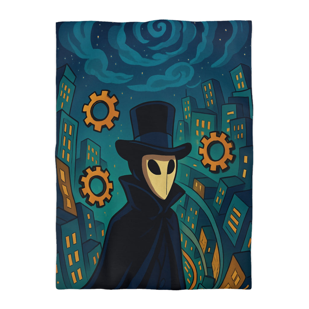 Housse de couette mystérieuse avec personnage masqué, engrenages dorés et ville nocturne