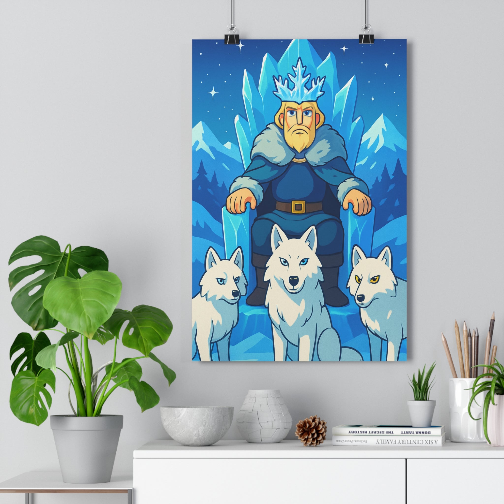 Poster décoratif cartoon pastel hivernal féerique salon chambre montagne aventure personnage trône glace loups