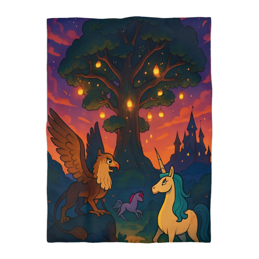 Housse de couette féerique avec licorne et griffon sous arbre lumineux au crépuscule