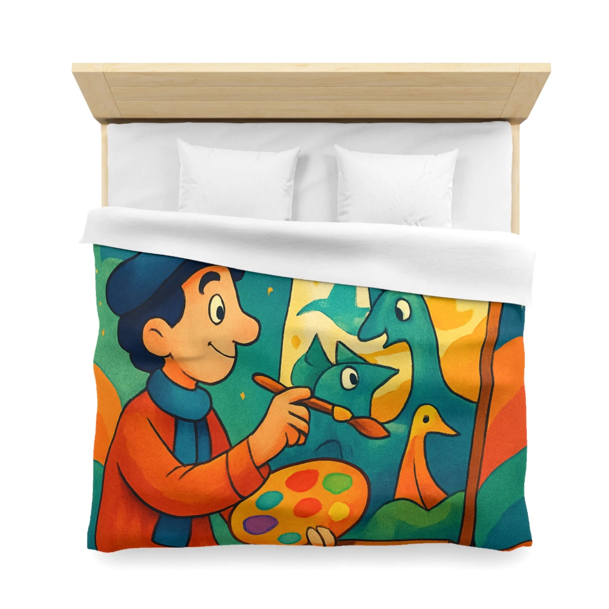 Housse de couette artistique colorée avec peintre et créatures fantaisistes en arrière-plan étoilé