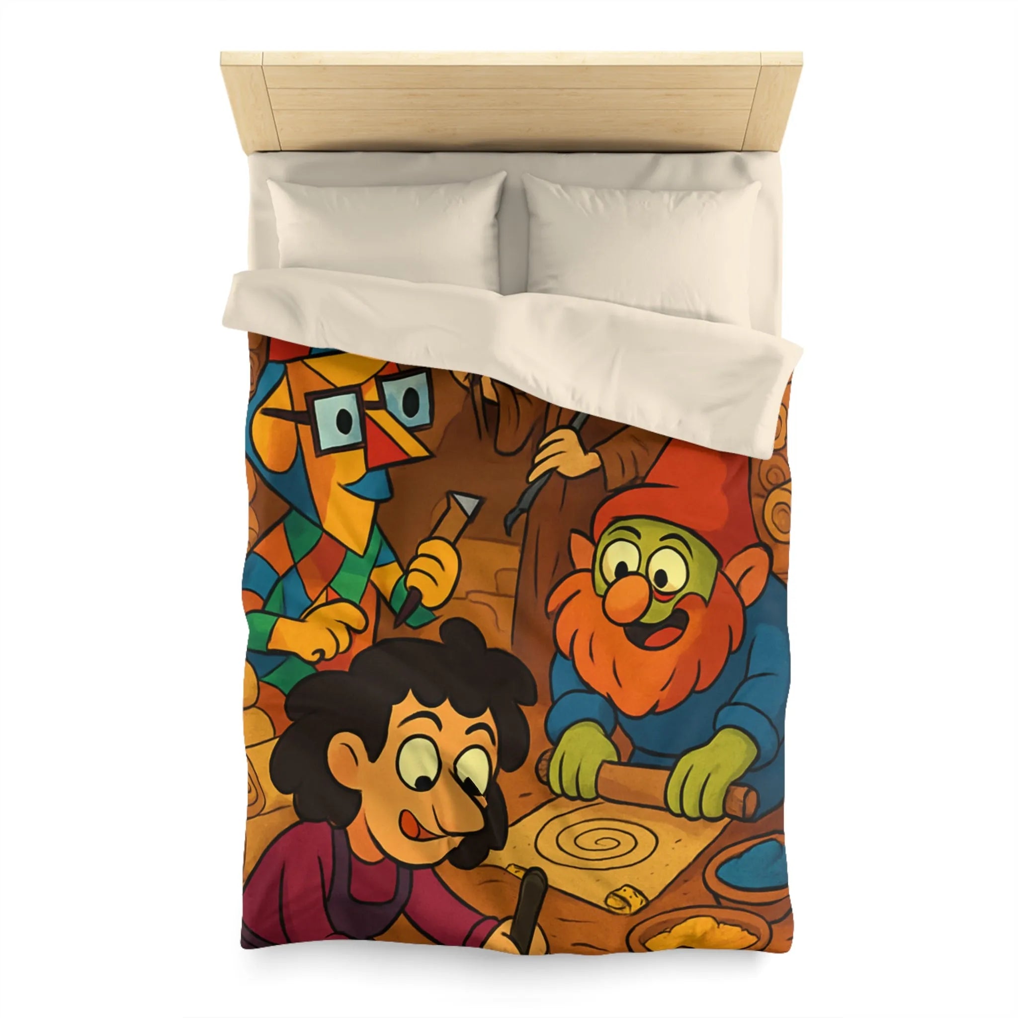 Housse de couette illustrée ambiance atelier fantasy avec gnomes et textures chaleureuses colorées