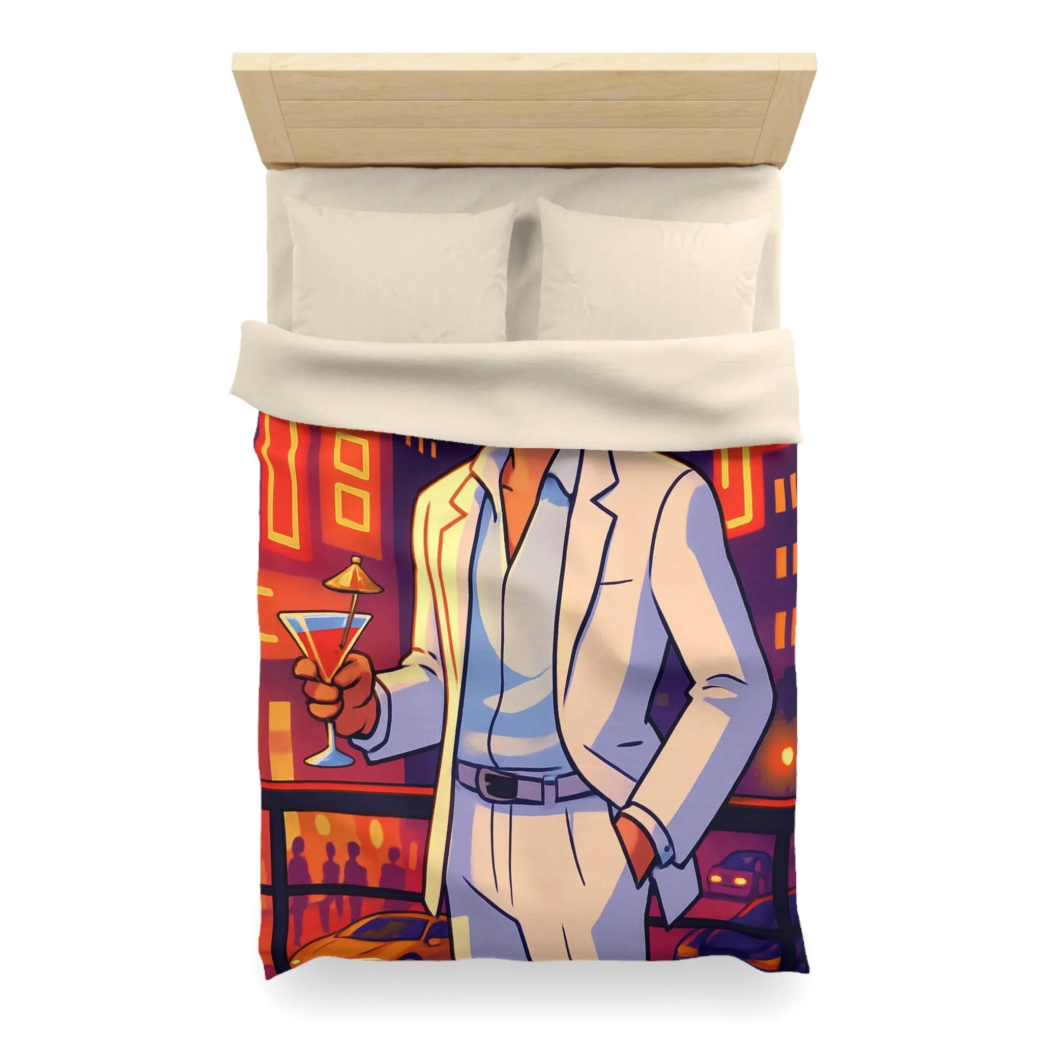 Housse de Couette Élégante avec Illustration Nocturne, Martini et Élégant Costume Blanc