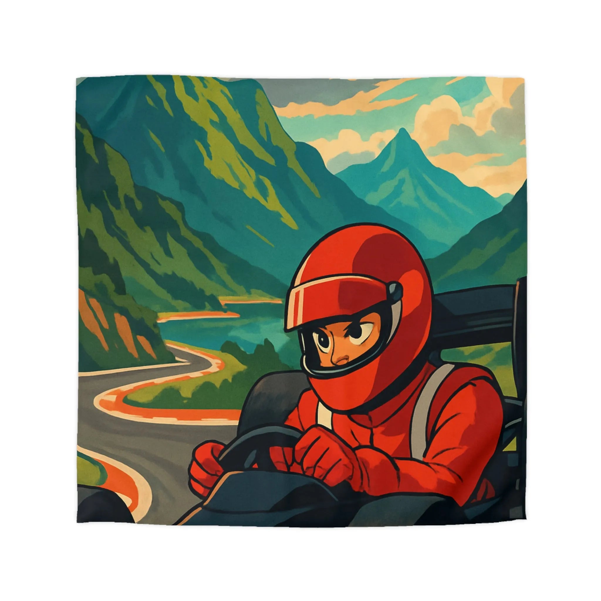 Housse de couette inspirée par une course en montagne avec conducteur en combinaison rouge