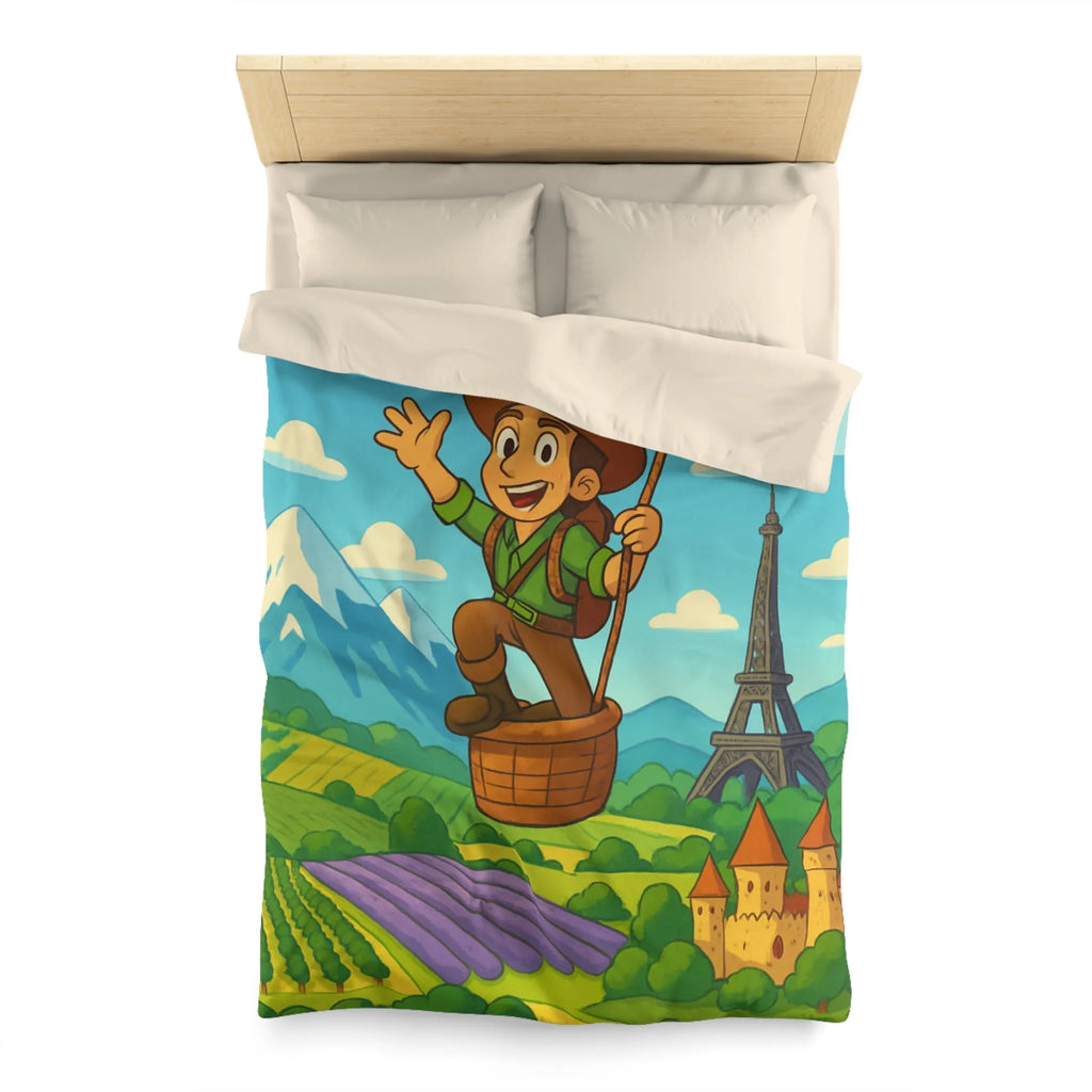 Charmant voyageur en montgolfière surplombant paysages français, champs et monuments emblématiques