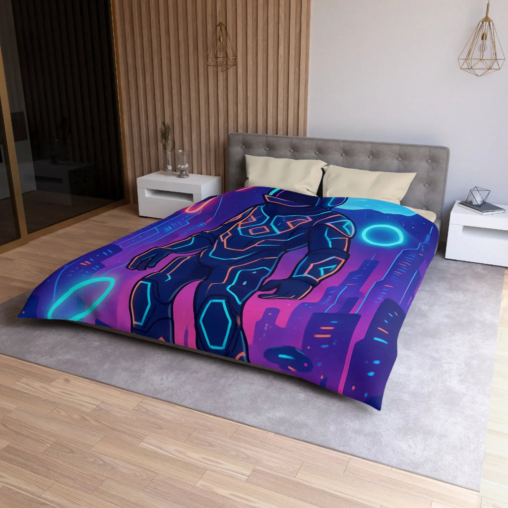 Housse de couette avec astronaute néon, skyline futuriste et vaisseaux spatiaux