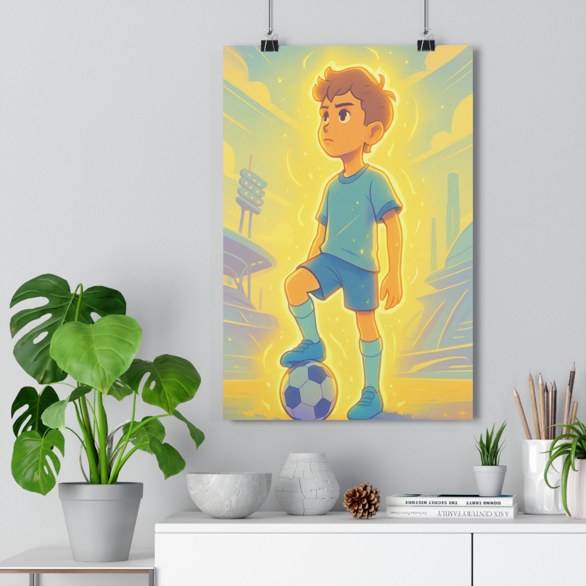 Poster décoratif moderne cartoon pastel jeune joueur football énergie chambre enfant confiance lumineux qualité
