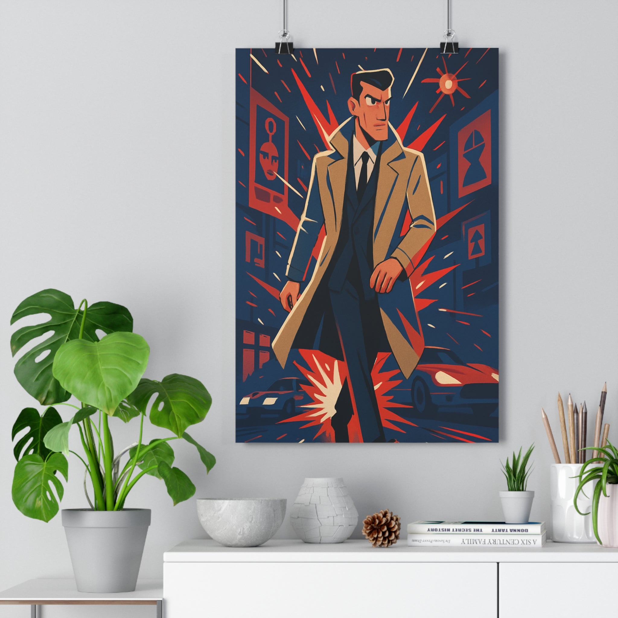 Poster décoratif agent costume sombre beige assurance rue animée bleu rouge intense bureau 30x46