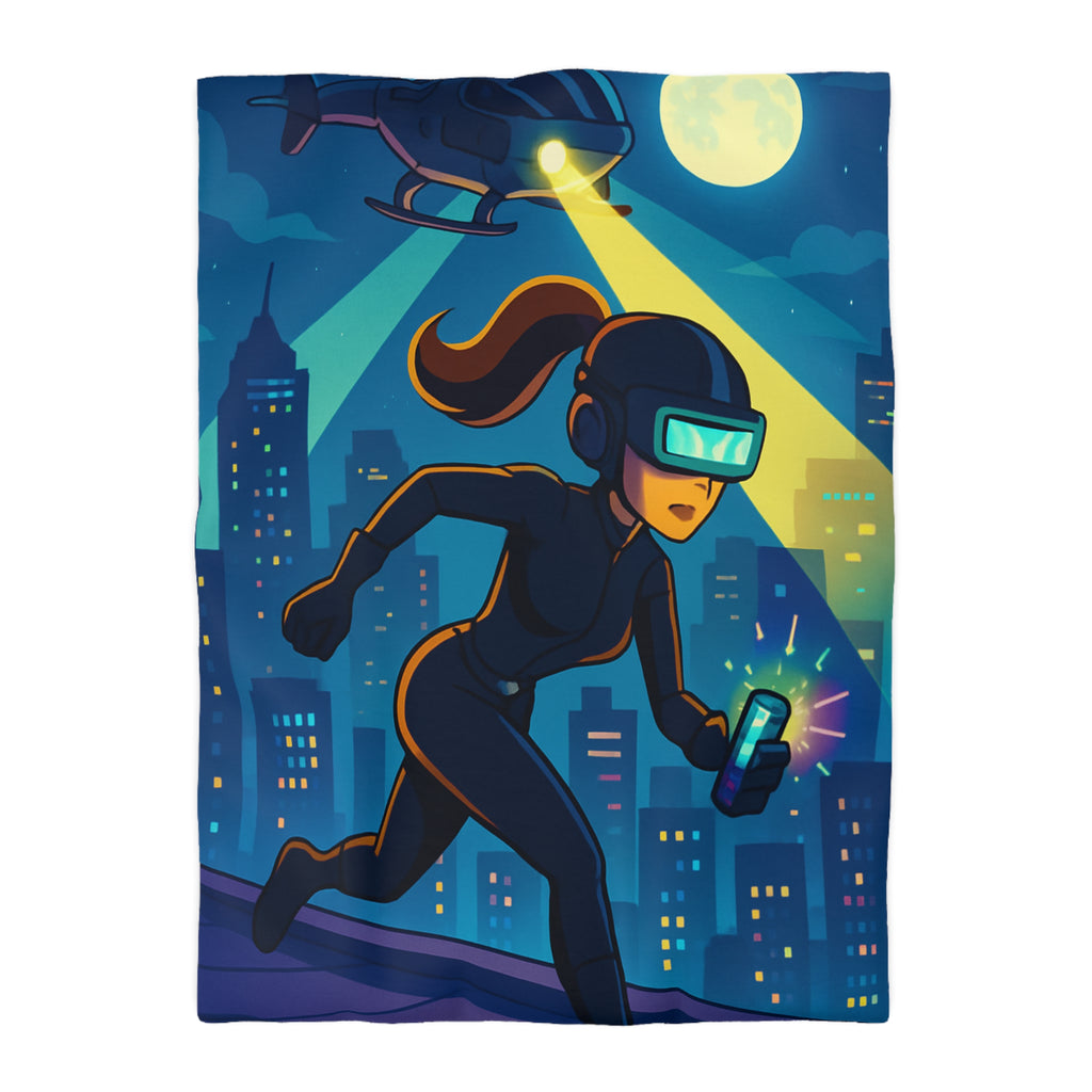 Housse de couette moderne avec motif de ville et personnage futuriste en action