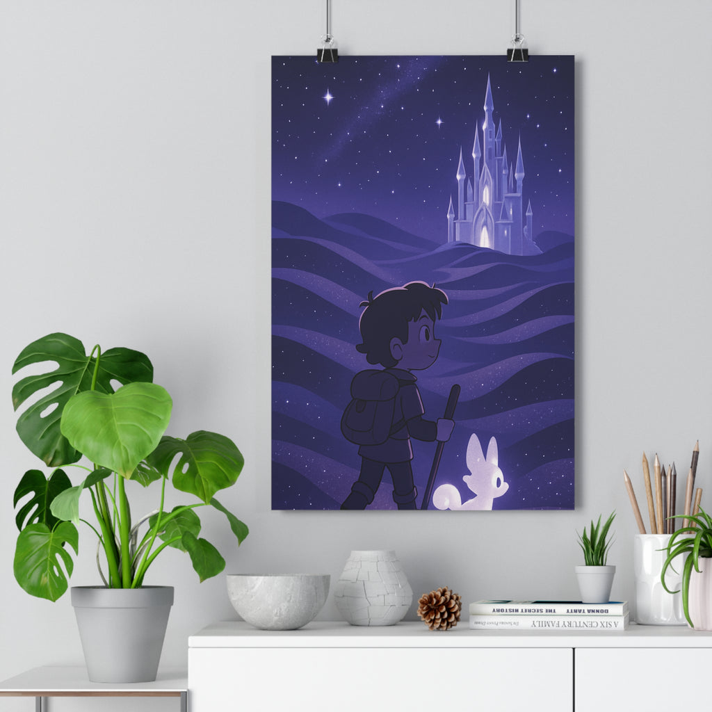Poster décoratif paysage onirique bleu violet créature enfant aventure mystique chambre détente 30x46 cm