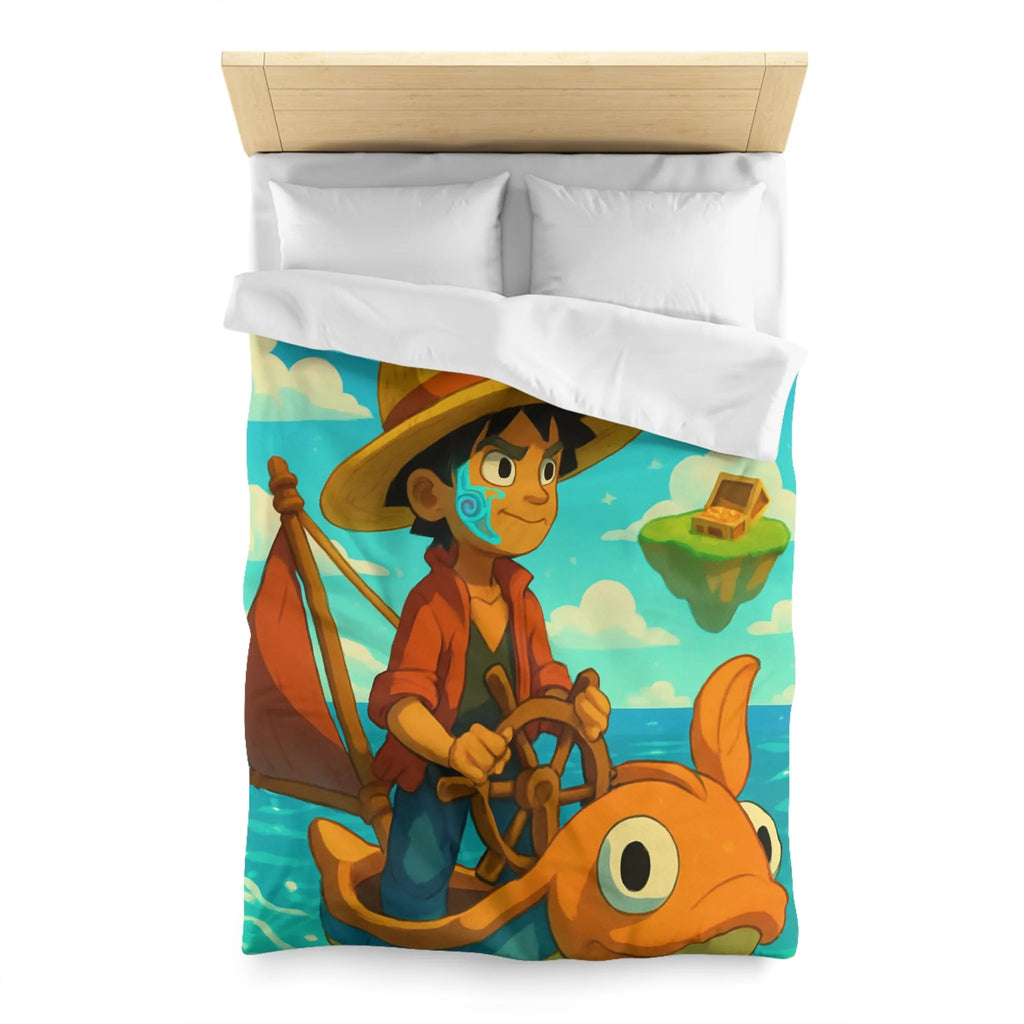 Housse de couette embarcation colorée sur océan turquoise avec îles flottantes et trésors