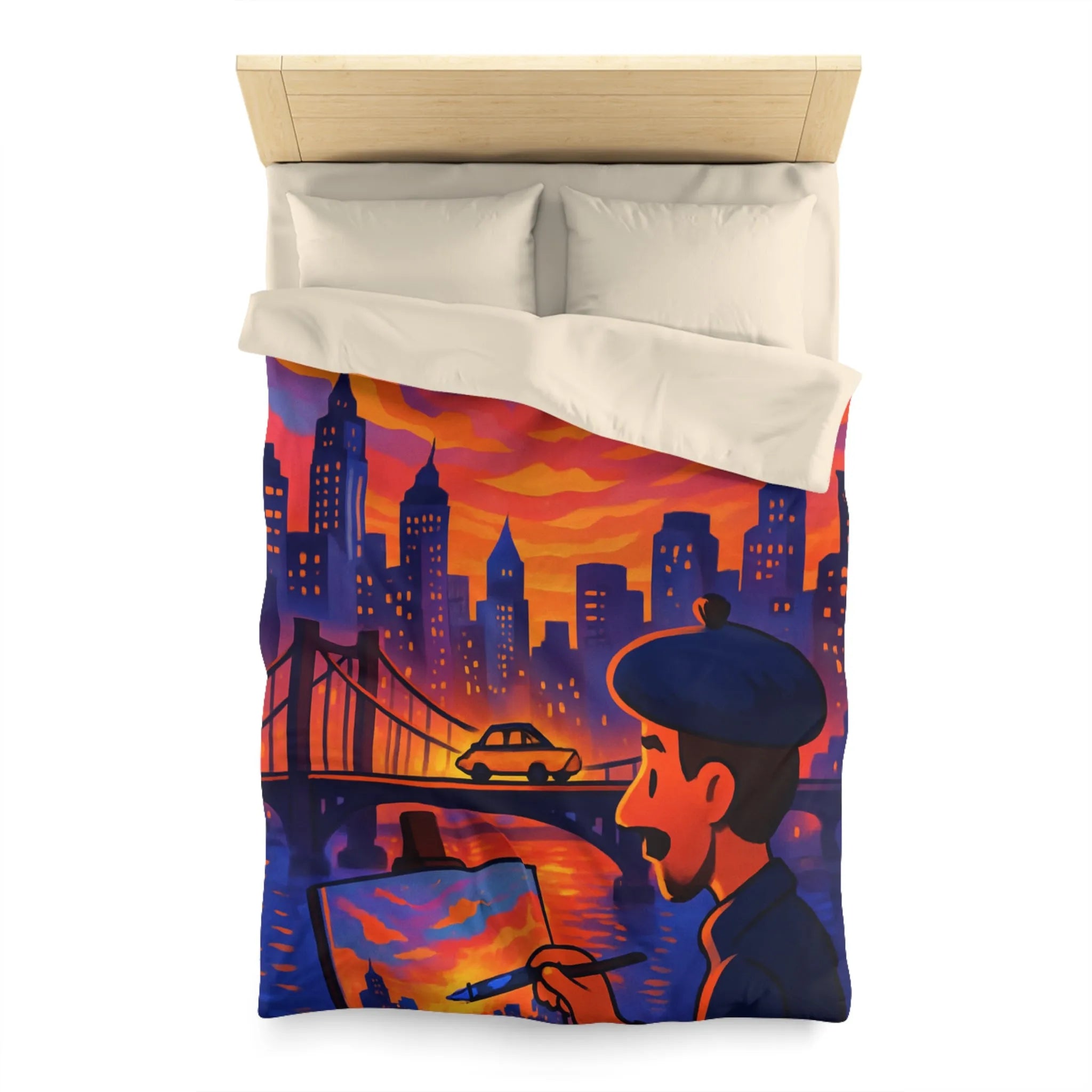 Housse de Couette Artiste Peignant Pont Cityscape Coucher de Soleil Vibrant