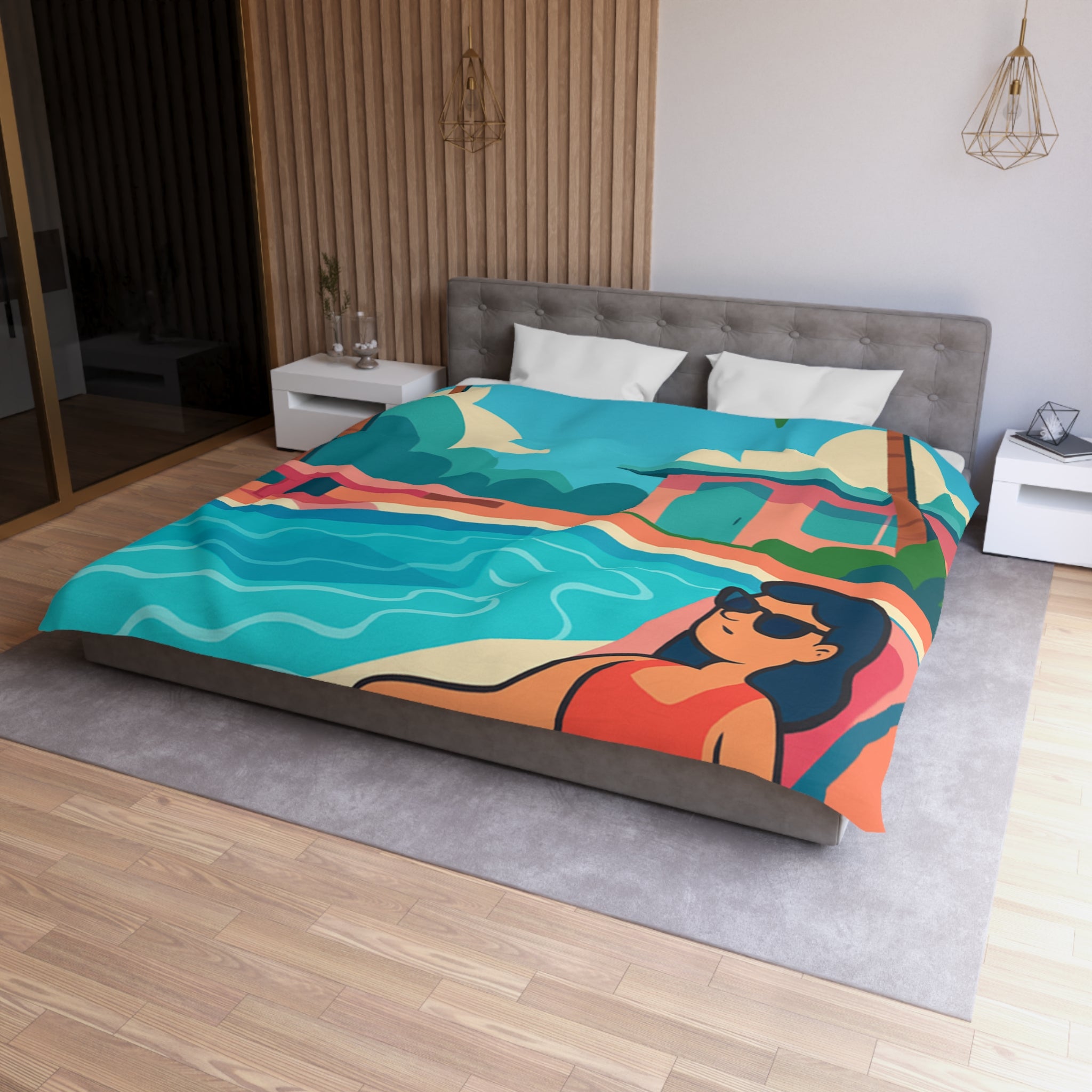 Vibrante housse de couette avec illustration de piscine et palmiers ambiance tropicale