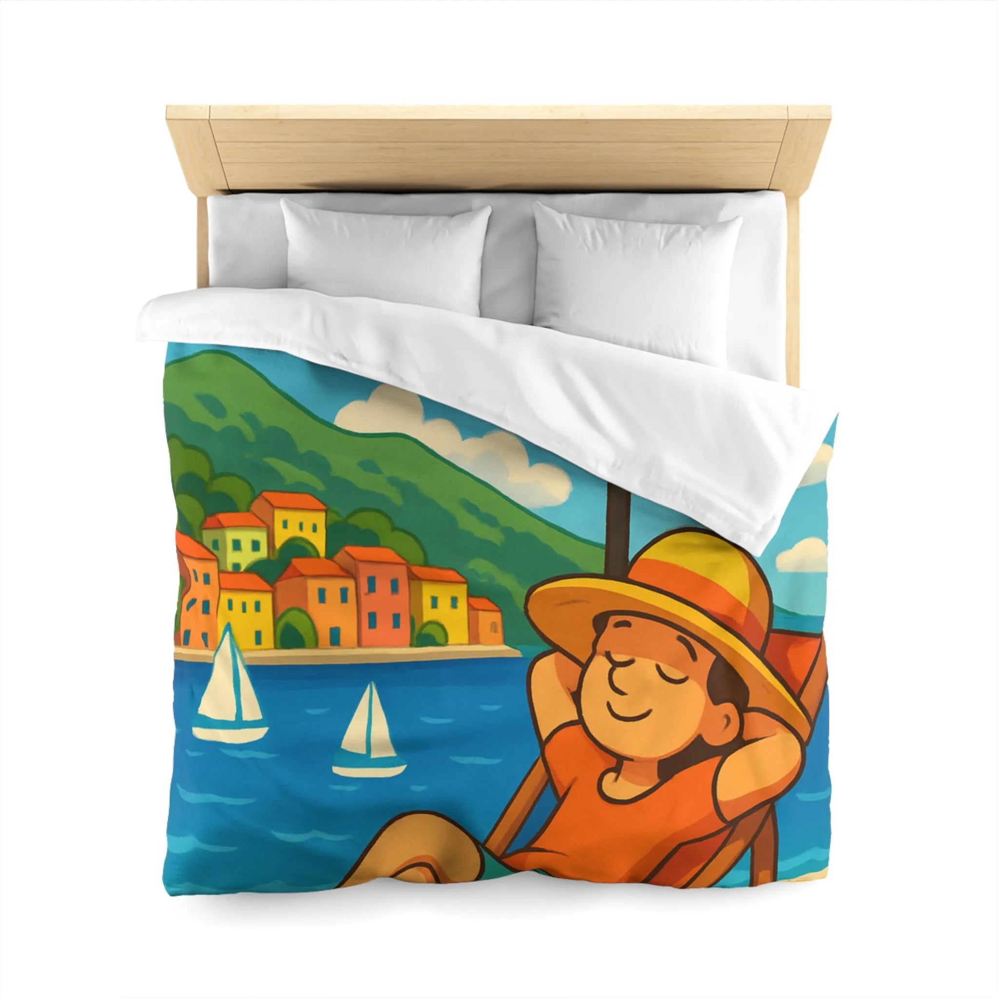 Housse de Couette Colorée Plage avec Parasol, Mer et Voiliers Décontractés Illustration