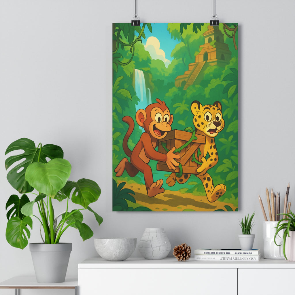 Poster décoratif jungle aventure singe léopard cascade dessin animé coloré enfant mystère exotique chambre