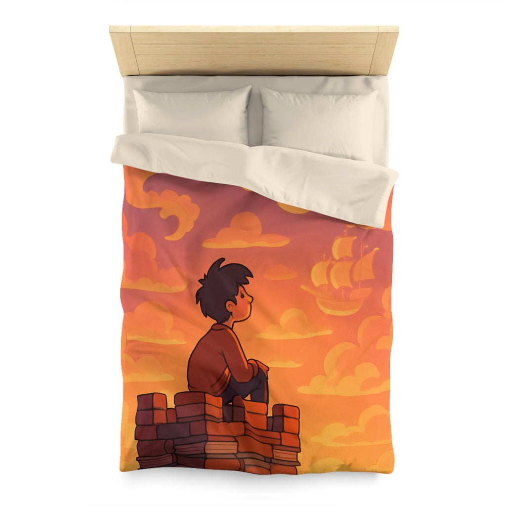 Housse de couette fantastique avec château, dragon et nuages pour enfants rêveurs