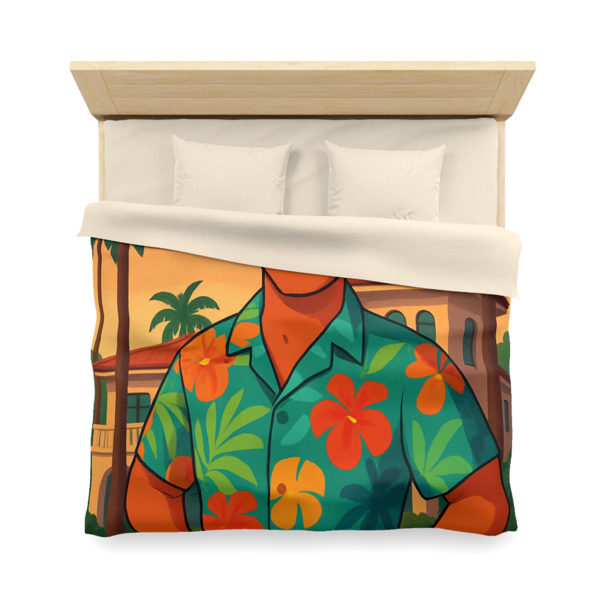 Housse de couette tropicale avec personnage souriant en chemise hawaïenne et palmiers
