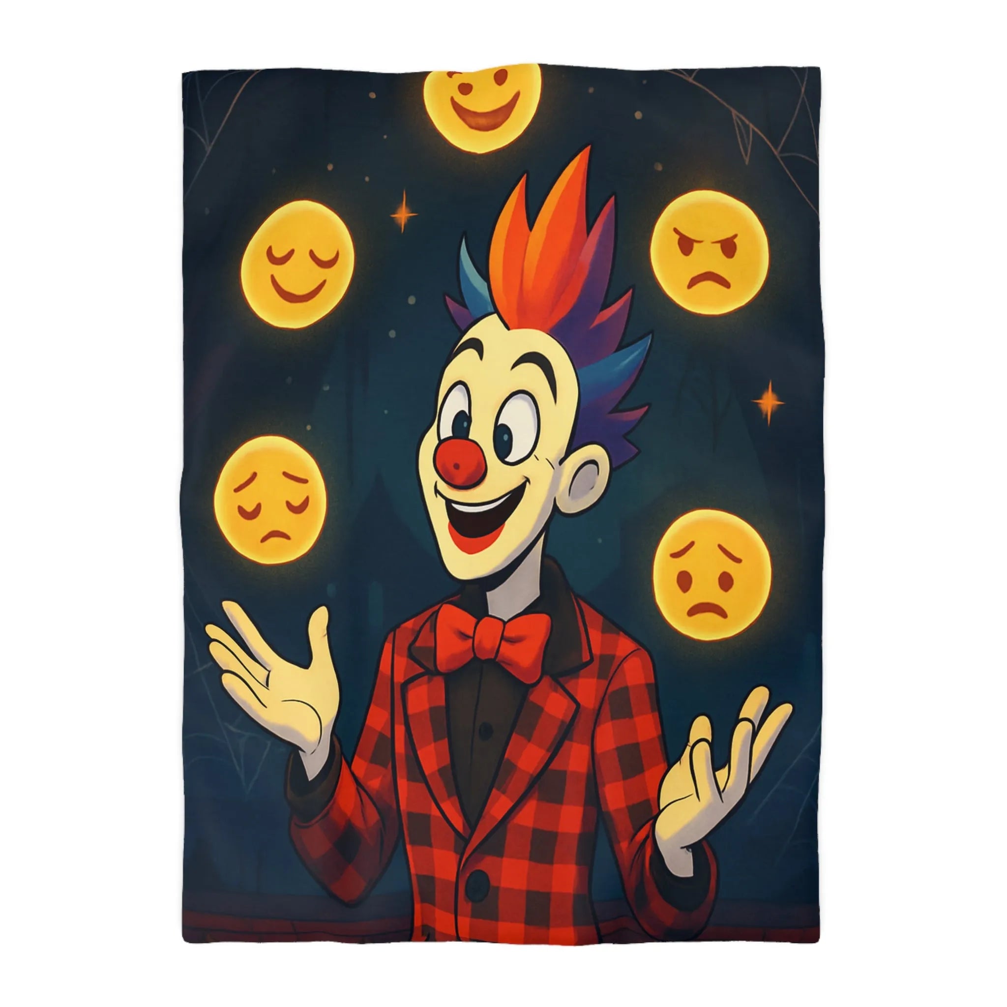 Housse de couette clown coloré dans un cirque avec émojis expression faciale variée