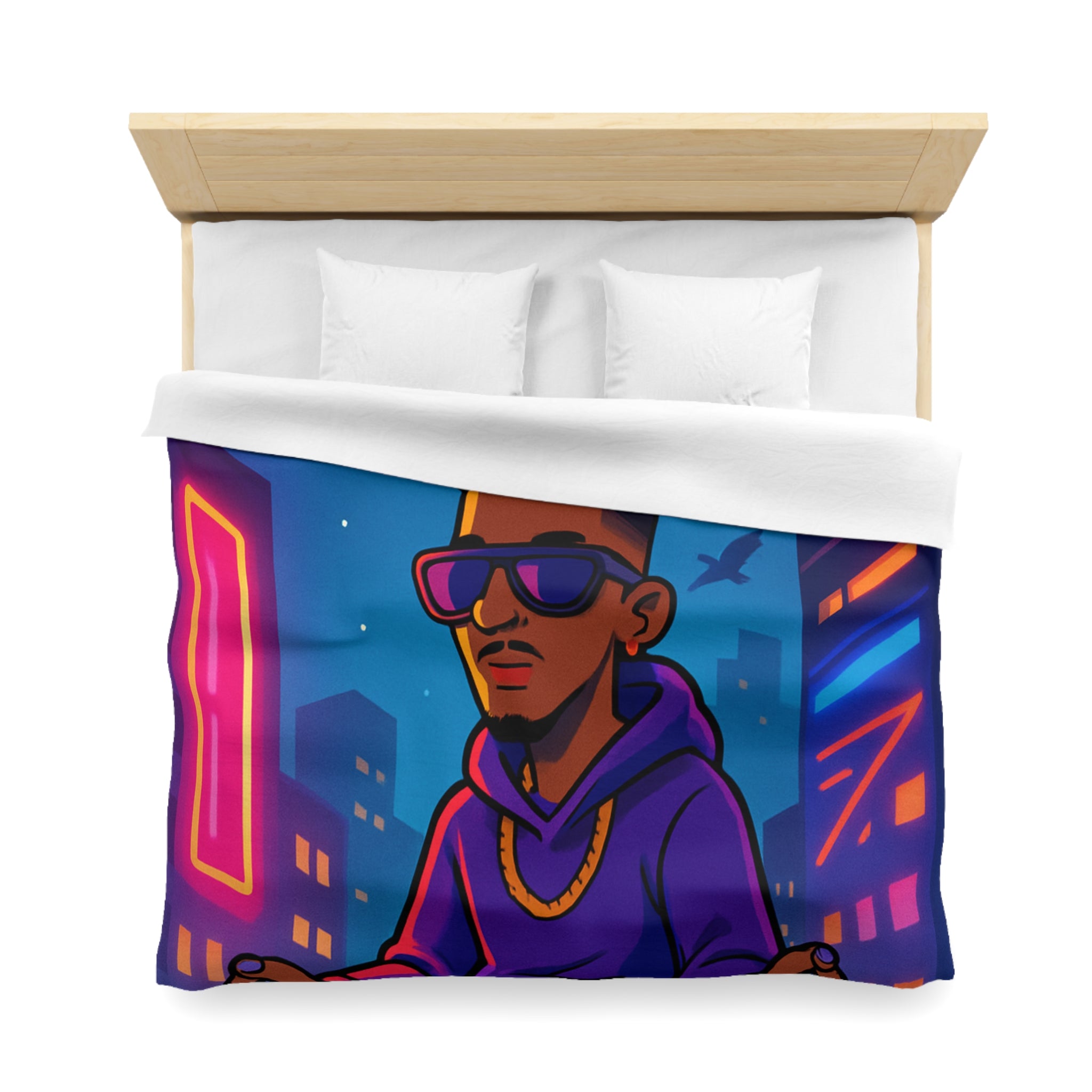 Housse de Couette Représentant Jeune Méditant Sur Toit en Ville, Pleine Lune Derrière