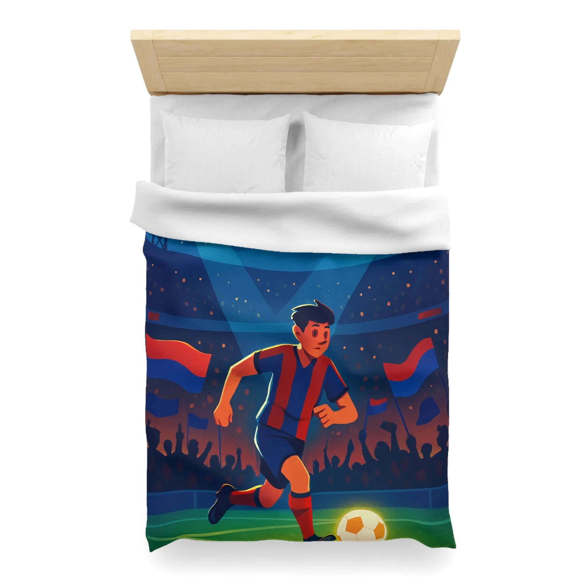 Housse de couette colorée illustrant un joueur de football vibrant sous les projecteurs nocturnes