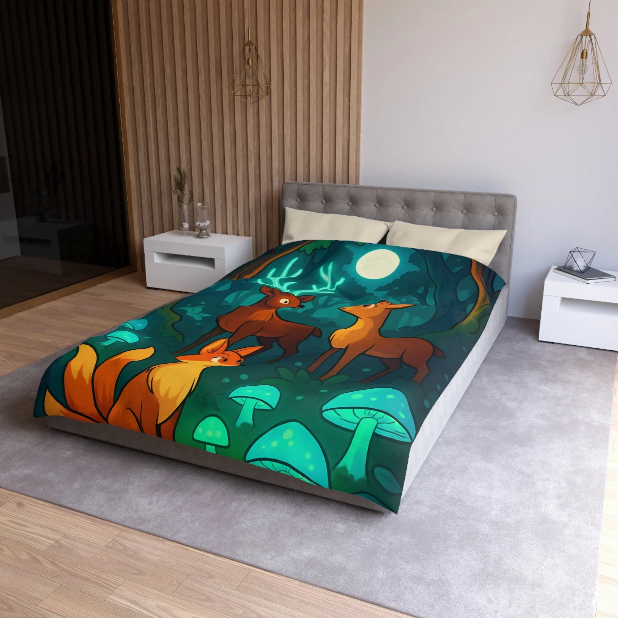 Housse de couette avec animaux de forêt et champignons sous lumière lunaire magique