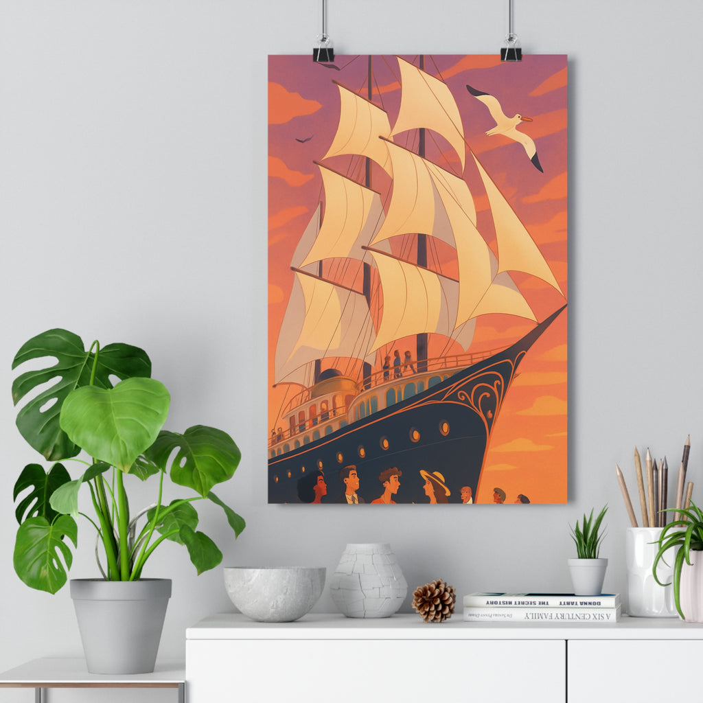 Poster décoratif voilier majestueux art déco cartoon rose orange aventure salon chambre élégant vibrant