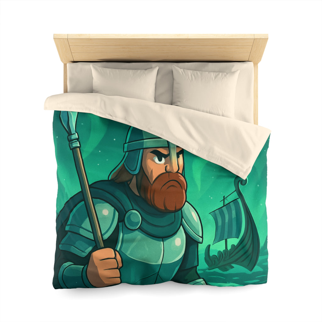 Housse de Couette Viking Vert Émeraude avec Guerrier et Aurores Boréales pour Chambre