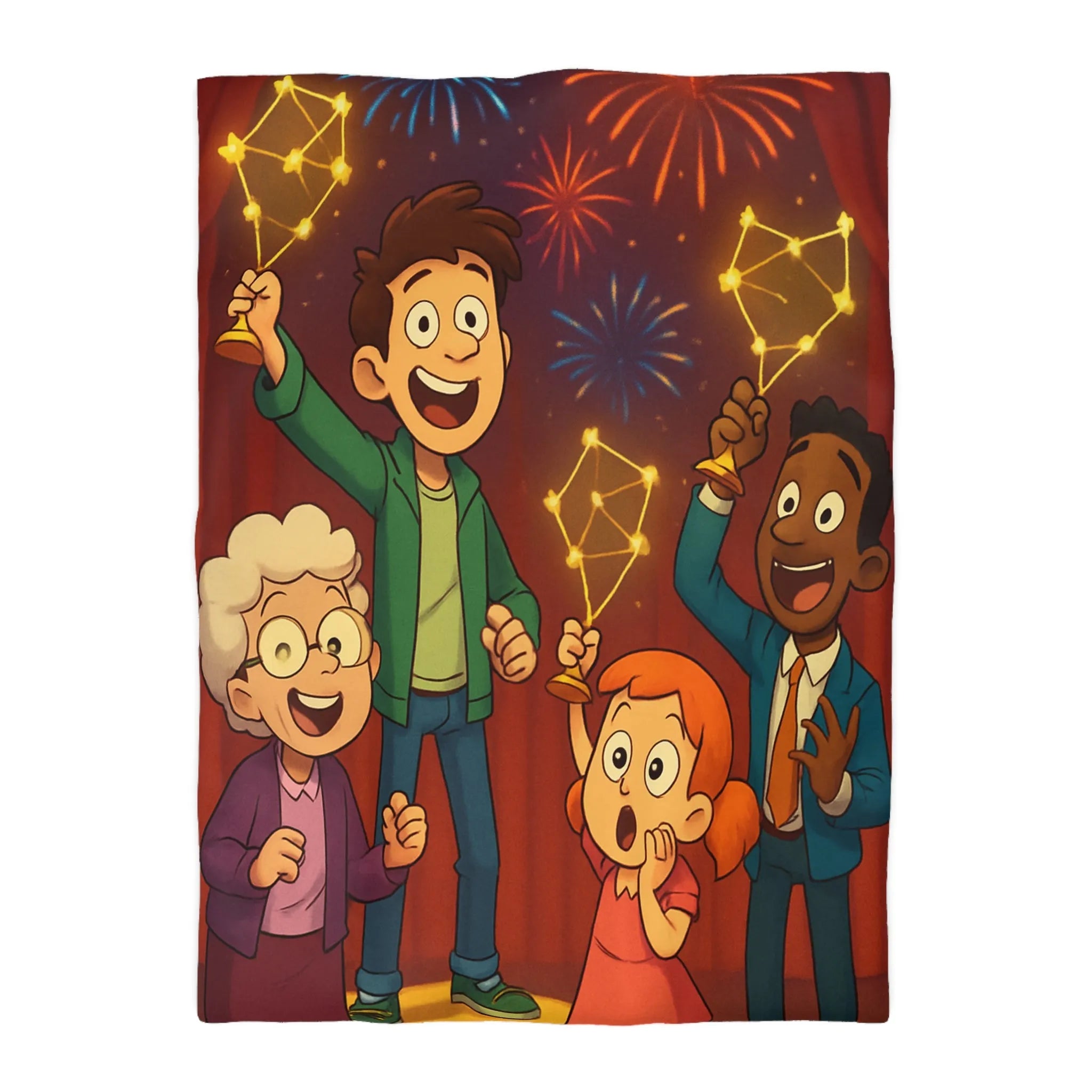 Housse de couette colorée enfants avec feux d'artifice et personnages dessin animé joyeux