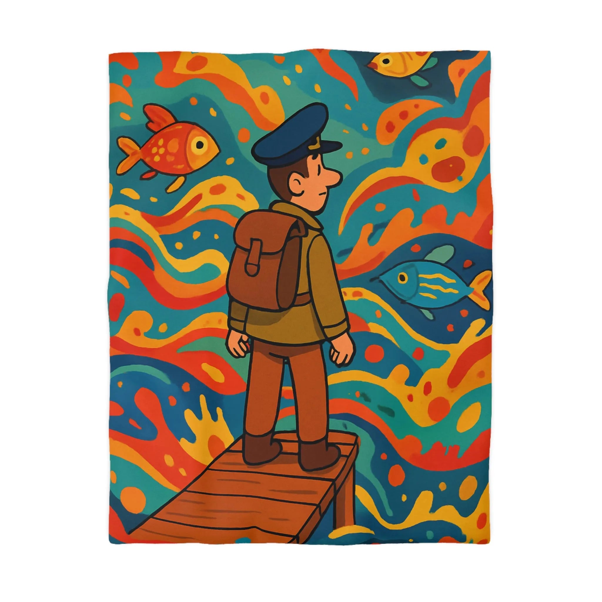 Housse de couette avec motif coloré de poisson marin et vagues abstraites colorées