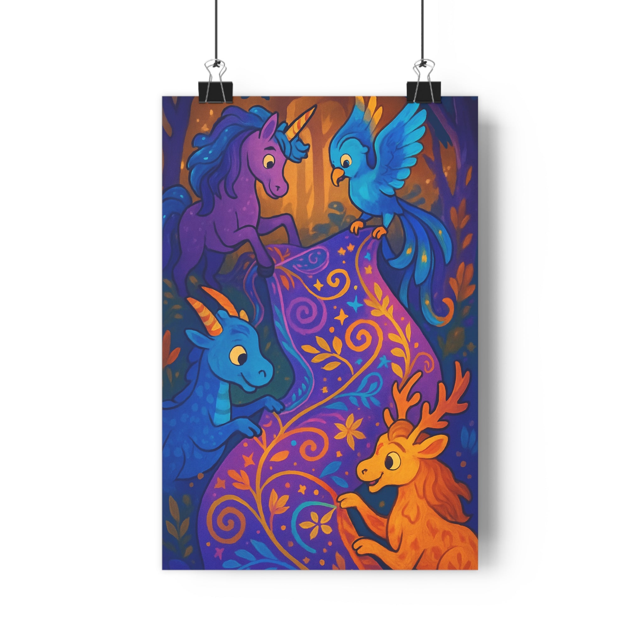Poster décoratif fantaisie féerique violet bleu orange dragon licorne oiseau cerf magique chambre salon