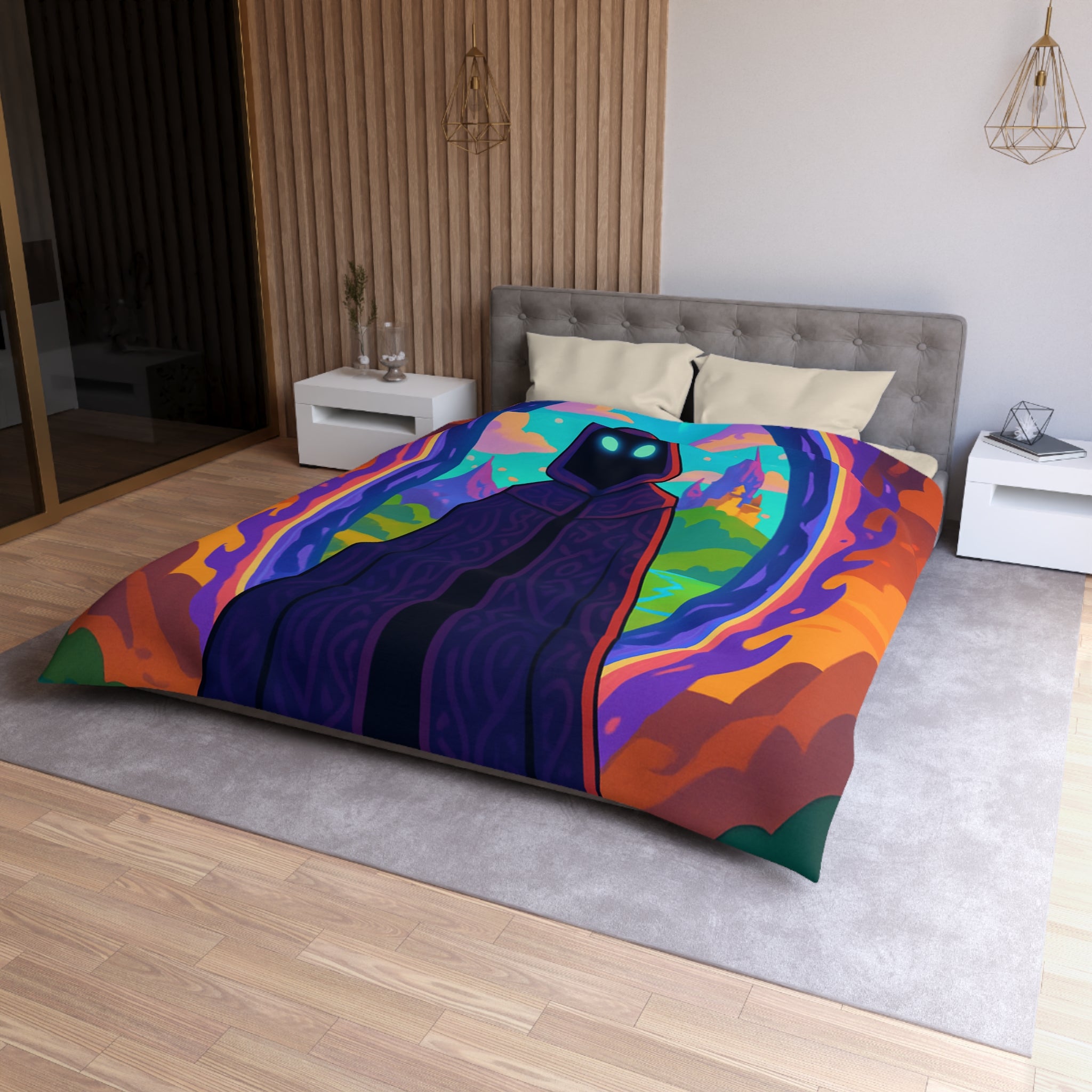 Mystérieux paysage enchanté avec mage en robe près du portail vibrant coloré