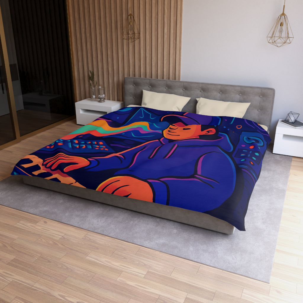 Housse de couette vibrante avec musicien dans un studio coloré et moderne