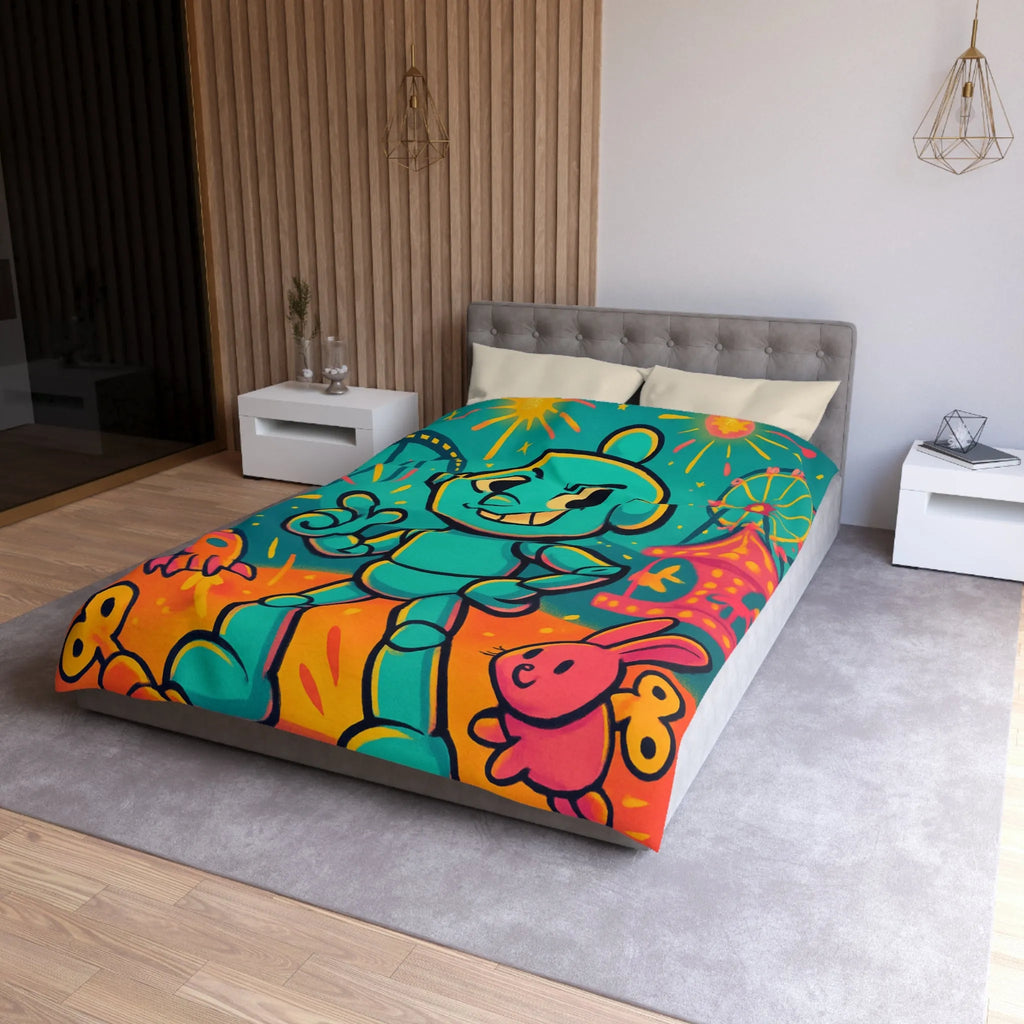 Housse de Couette Ludique avec Robot Jouet et Feux d’Artifice Multicolores pour Enfants