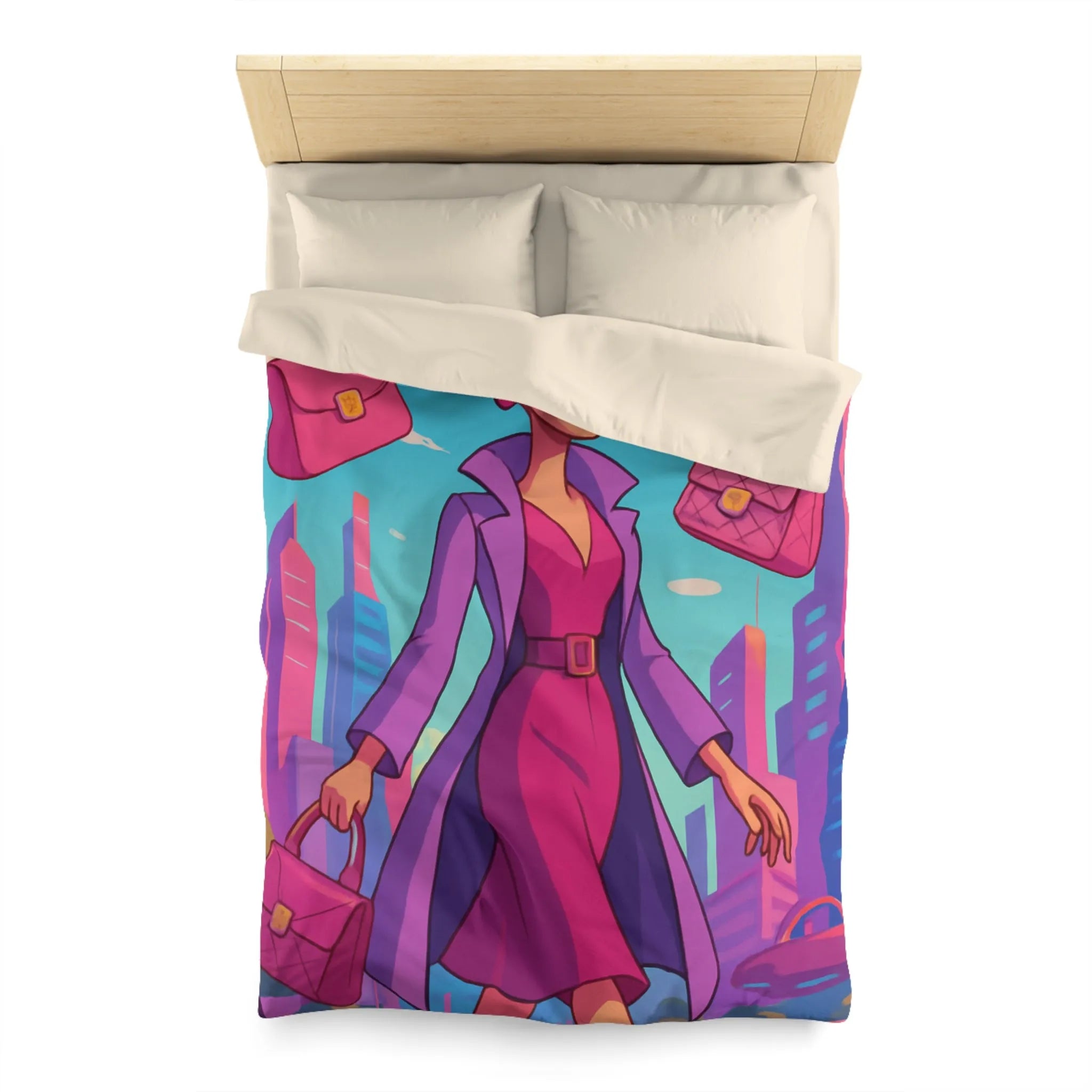 Élégante illustration urbaine rétro-futuriste avec personnage glamour et accessoires stylés en rose