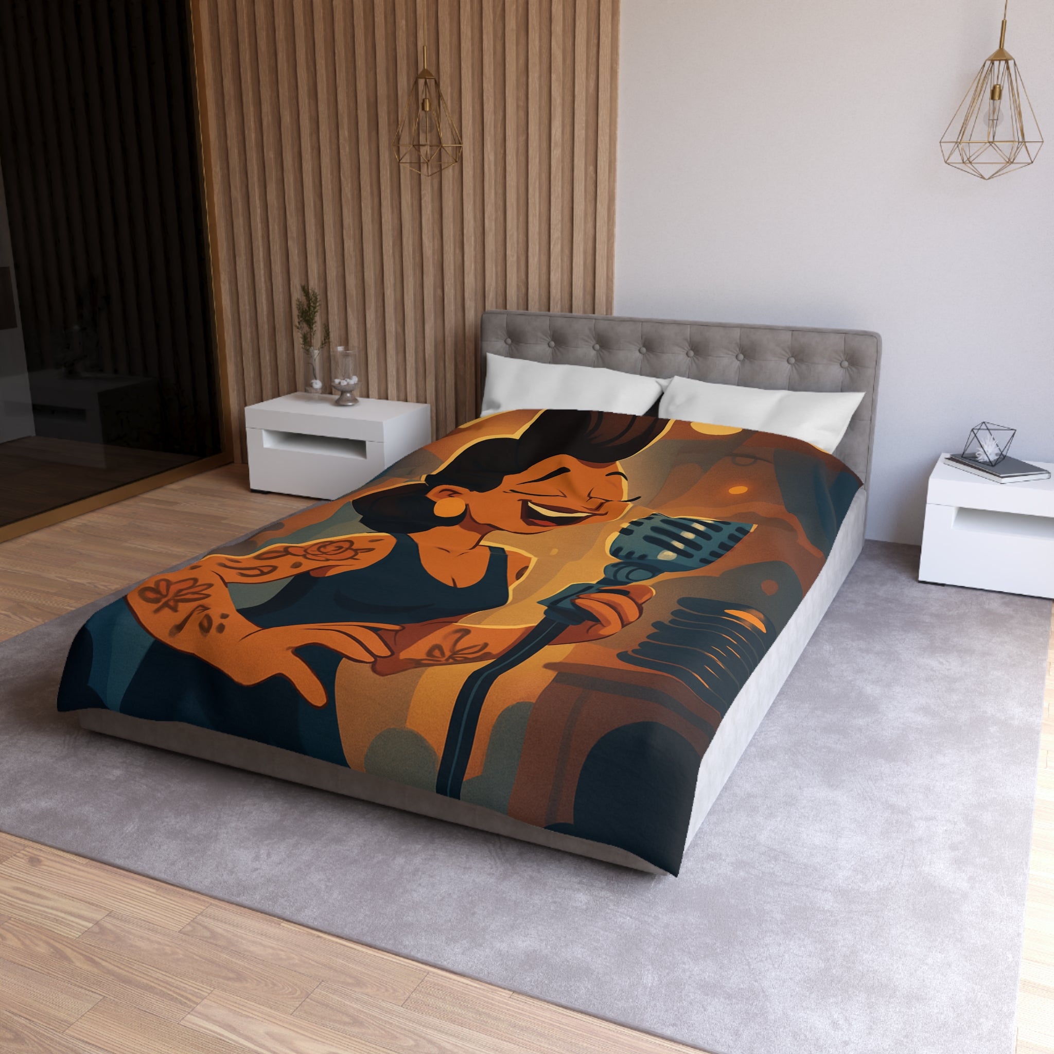 Housse de couette rétro avec chanteuse tatouée sous lumière vintage et micro classique