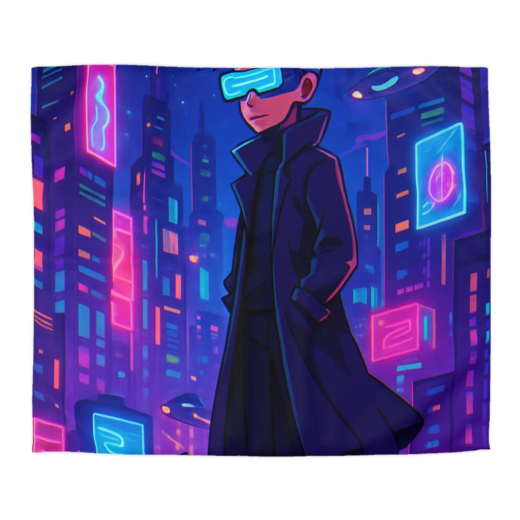 Housse de couette en néon futuriste avec personnage mystérieux et skyline cyberpunk