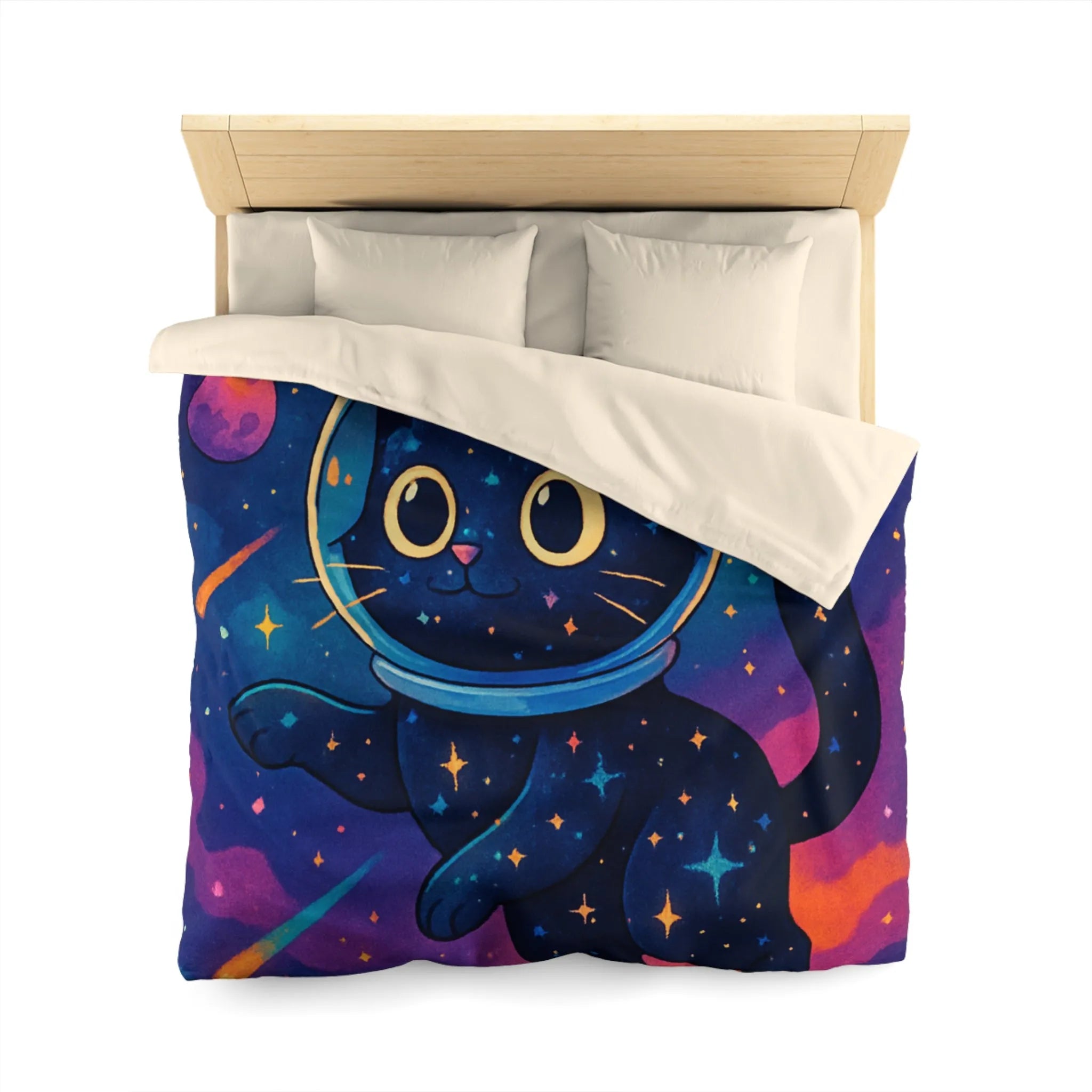 Housse de couette chat cosmique dans l’espace avec étoiles et planètes colorées