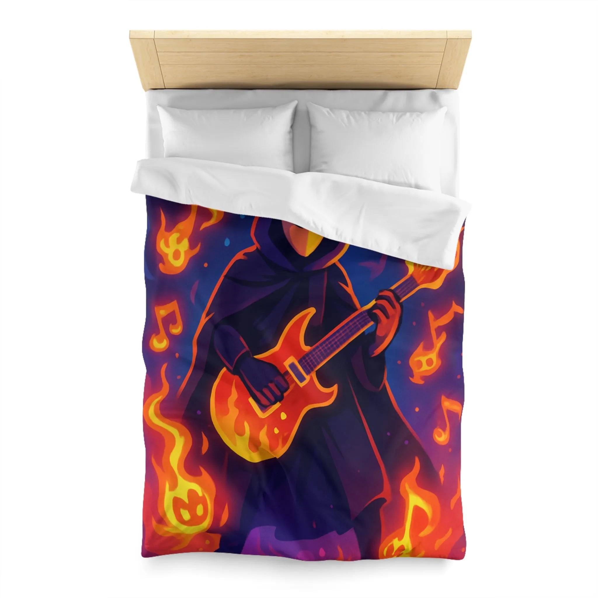 Housse de Couette Envoûtante avec Musicien Mystérieux Jouant de la Guitare en Flammes