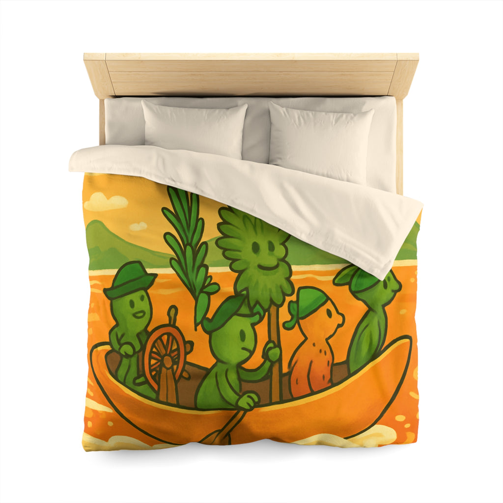 Housse de couette originale avec personnages verts naviguant sur mer orangée ludique