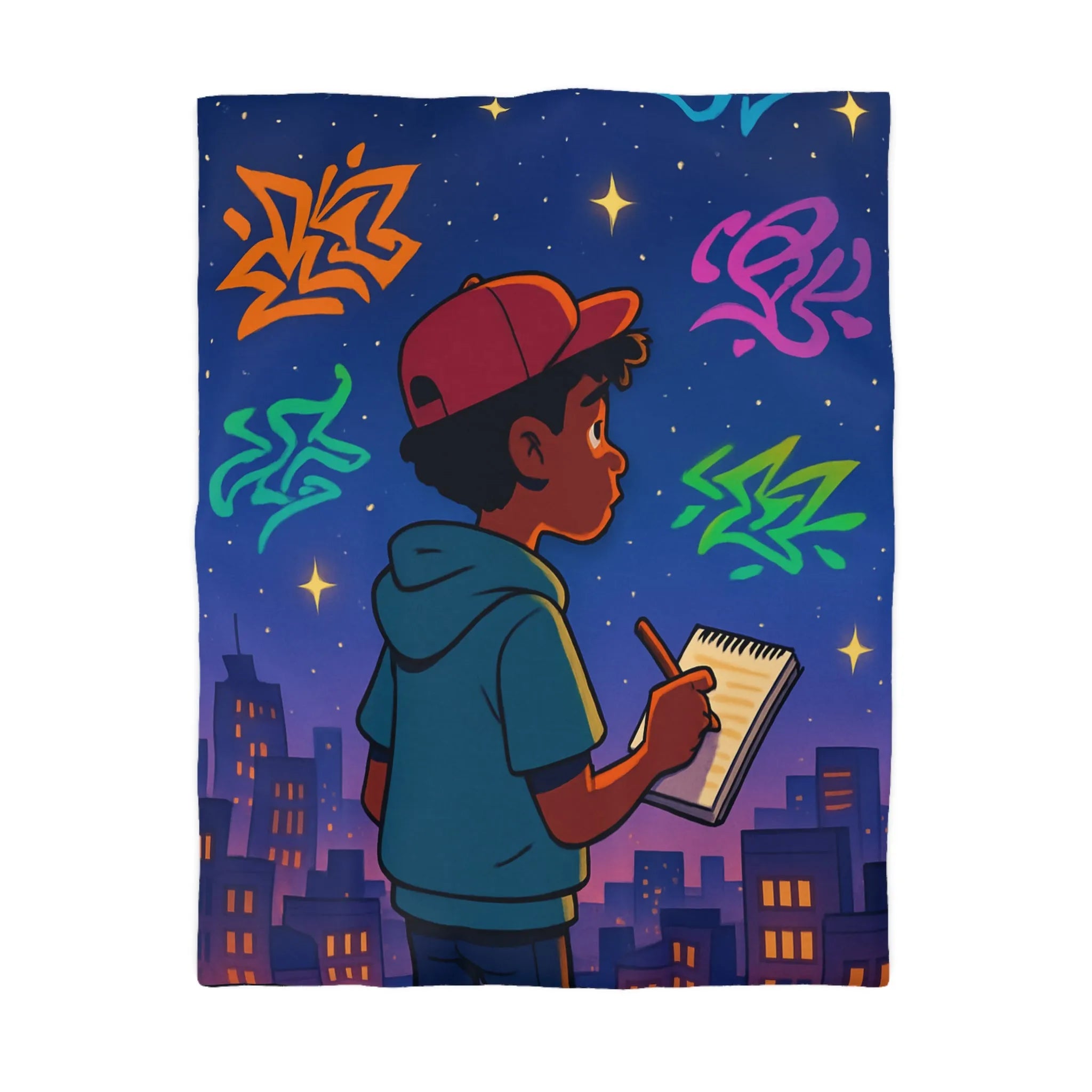 Housse de couette avec jeune artiste dessinant sous un ciel étoilé urbain coloré